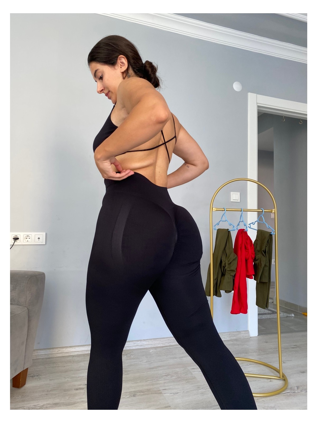 Hamers Kalçası Büzgülü Ekstra Push Up Etkili Slimfit Toparlayıcı Siyah Tayt