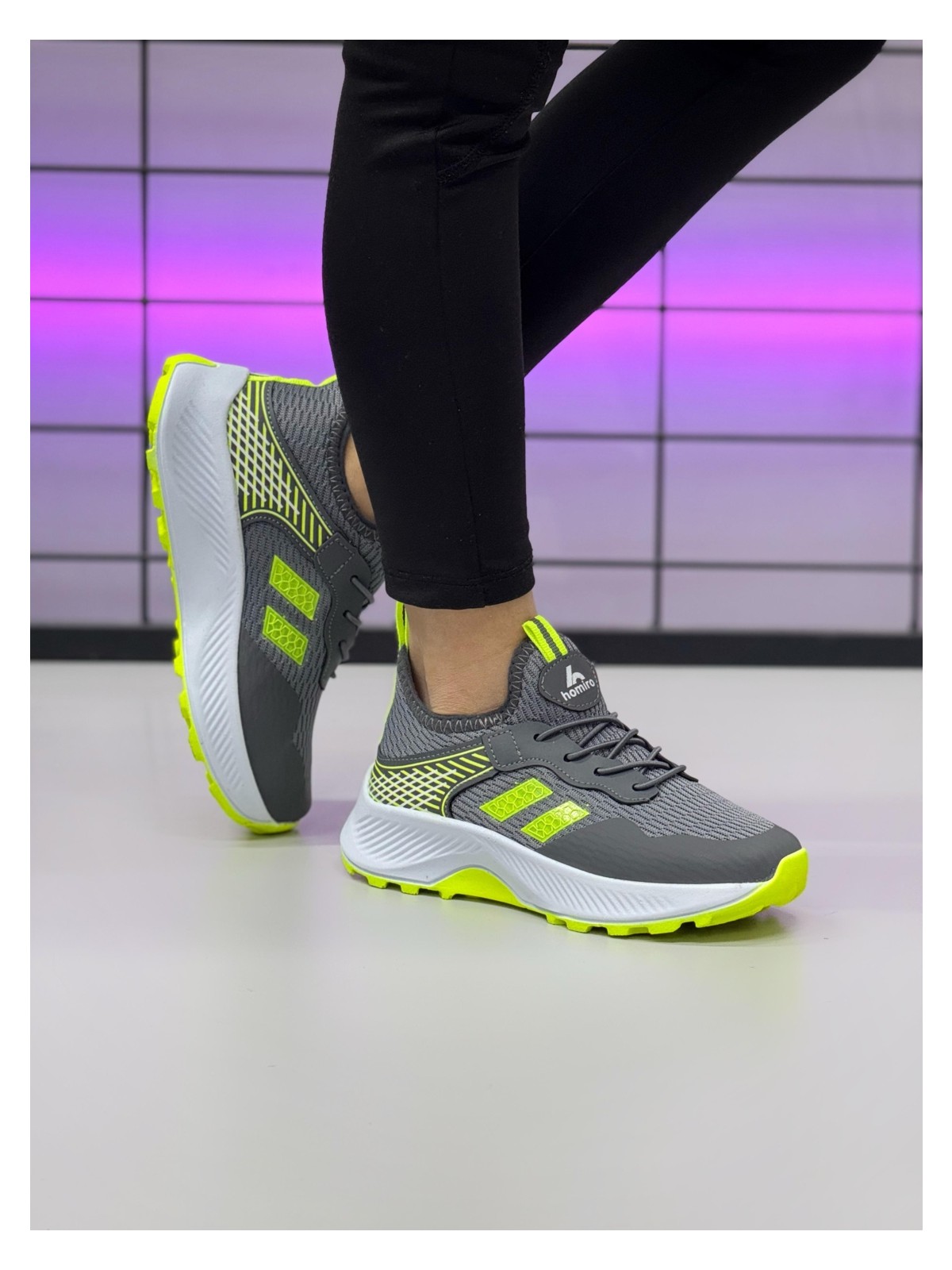 Homiro Unisex Çocuk Bağcıklı Poli Taban Triko Spor Ayakkabı-Füme-Sarı