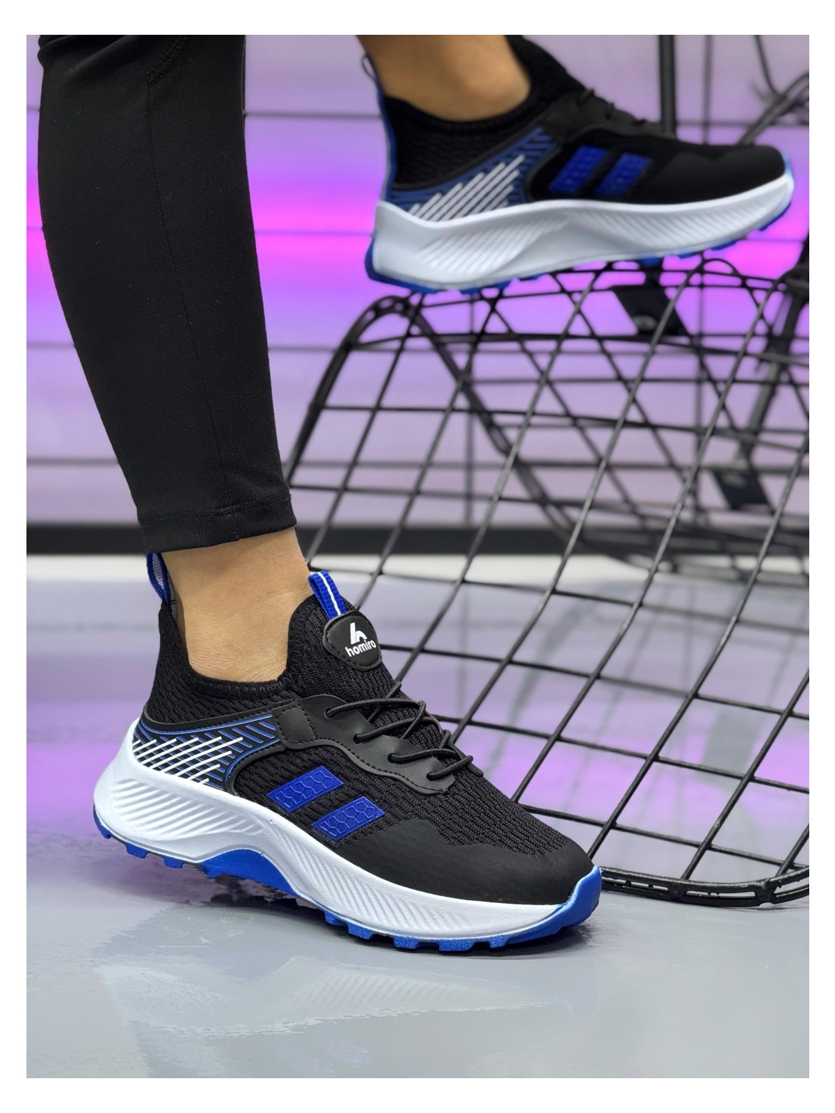 Homiro Unisex Çocuk Bağcıklı Poli Taban Triko Spor Ayakkabı-Siyah-Mavi