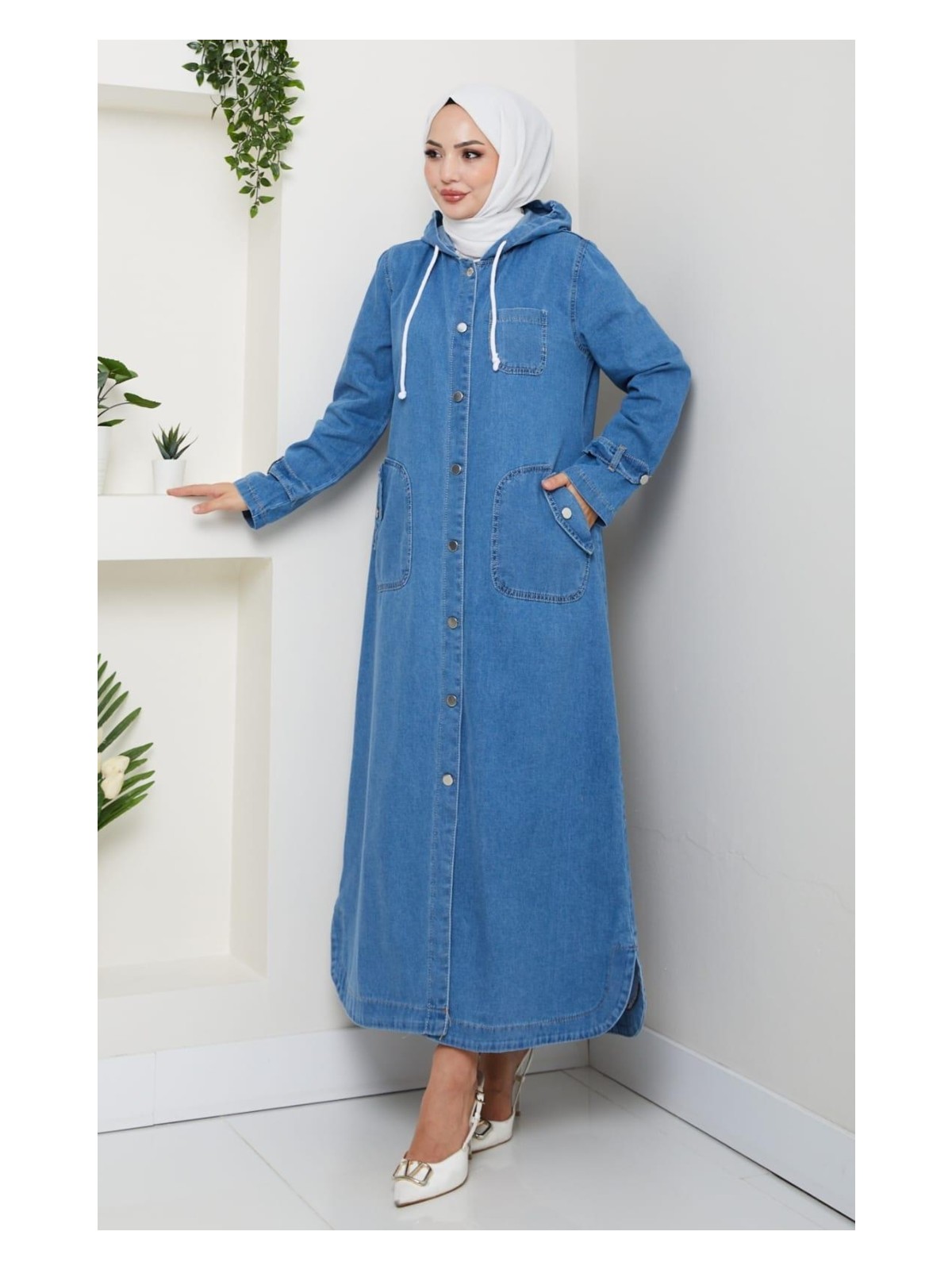 Harma Time Butik Kadın Cepli Düğmeli Kapüşonlu Denim Koyu Mavi Trençkot - Görsel 4