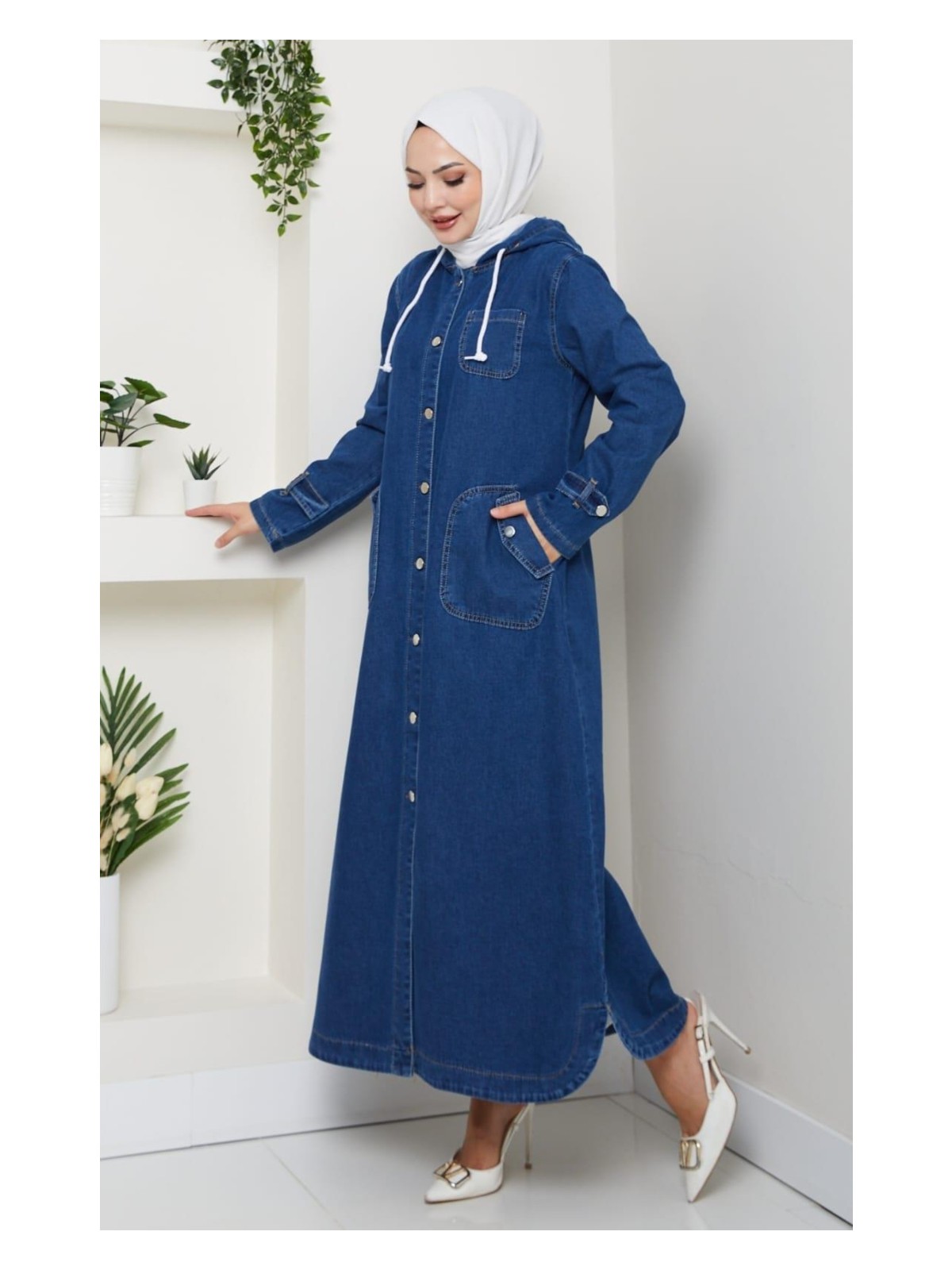 Harma Time Butik Kadın Cepli Düğmeli Kapüşonlu Denim Koyu Gri Trençkot - Görsel 5