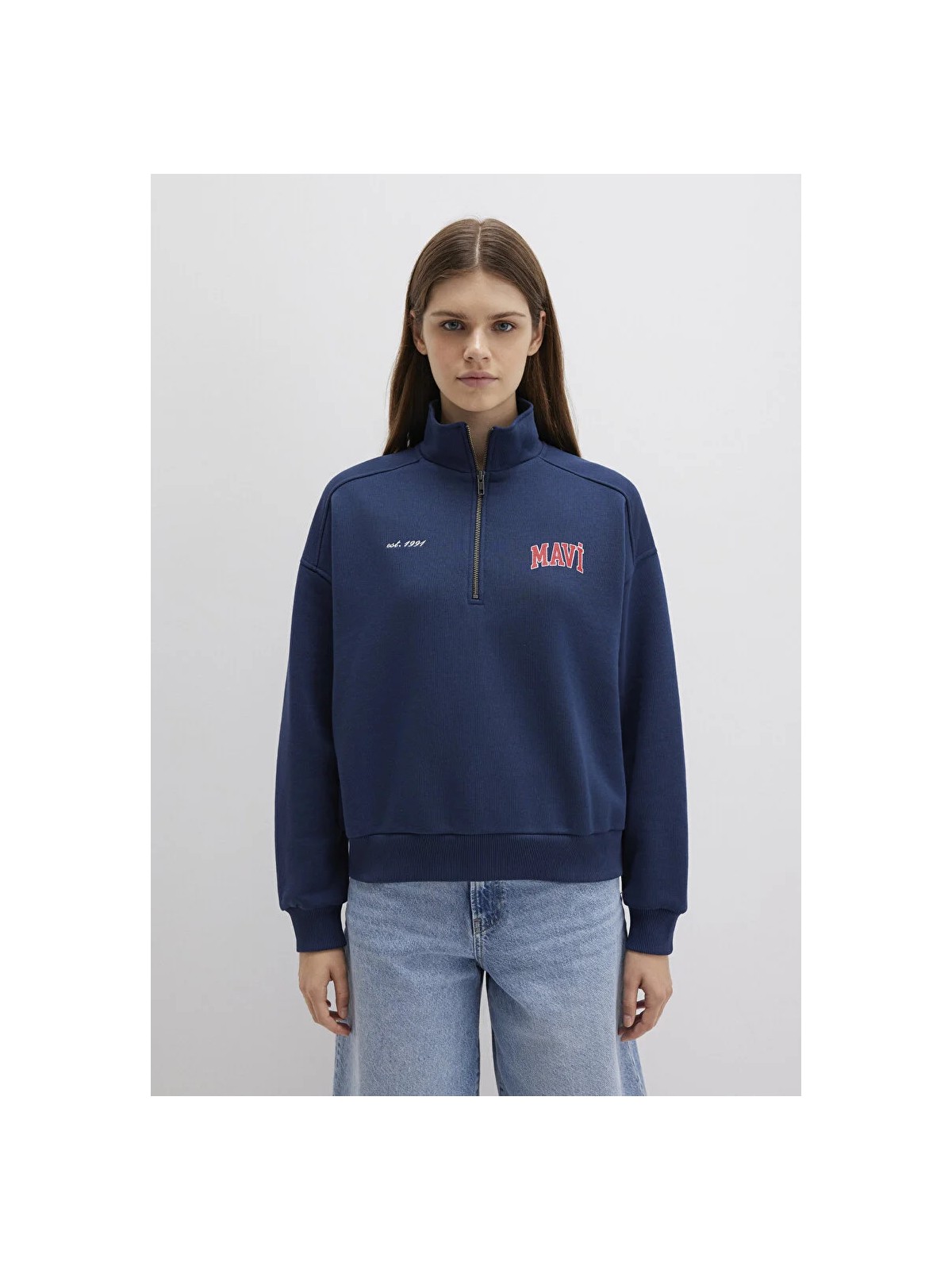 Mavi Mavi Logo Baskılı Yarı Fermuarlı Lacivert Sweatshirt 1S10373-70488