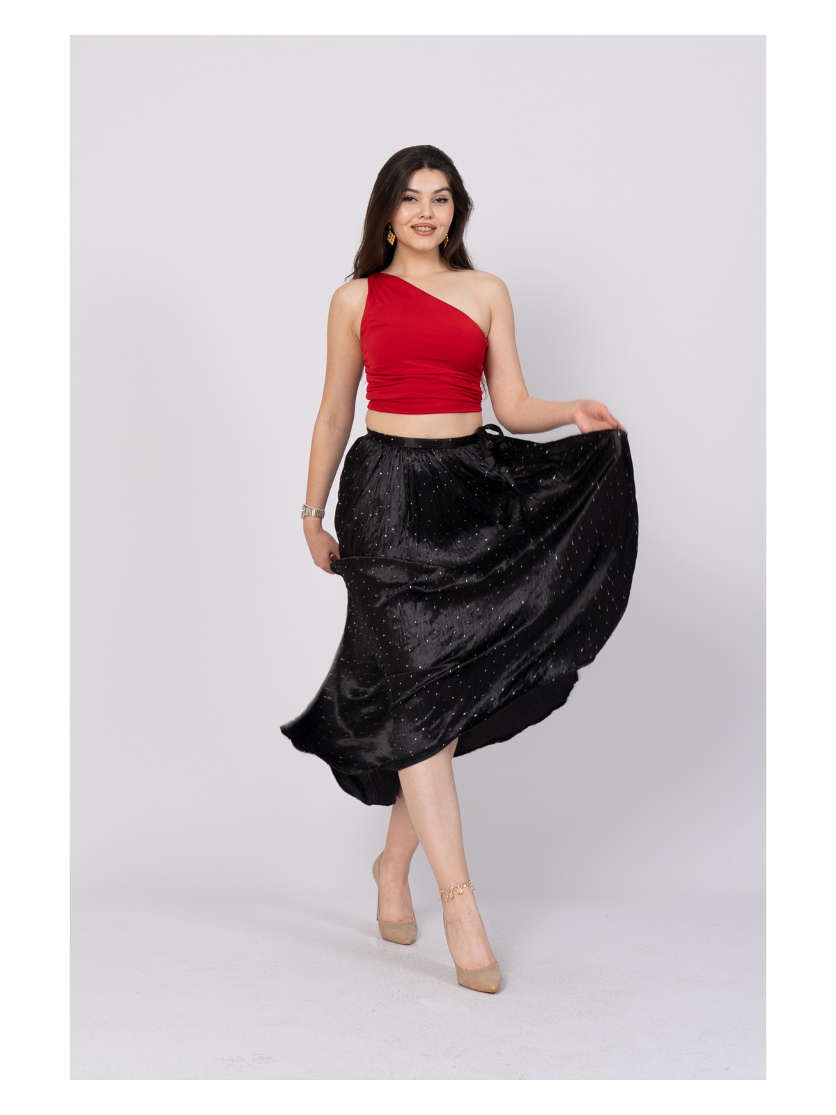 MissVina Taş Baskılı Uzun Saten Verev Etek 6786 - Görsel 4