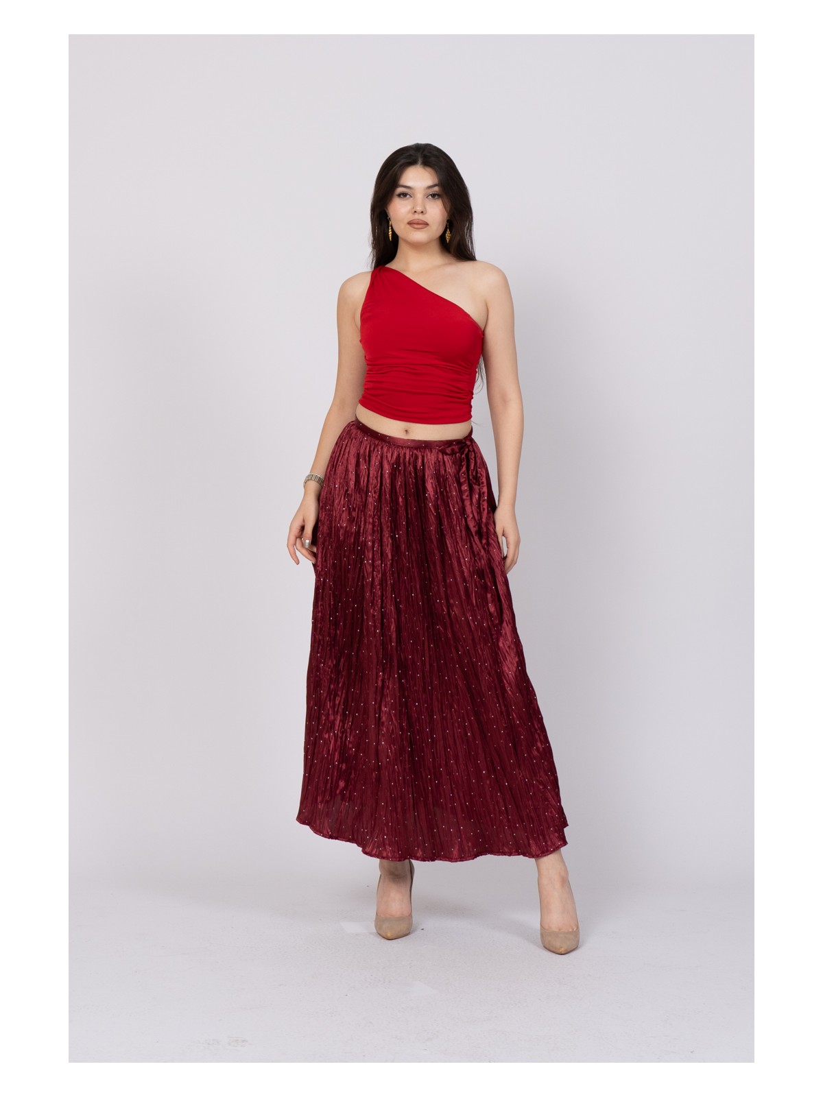 MissVina Taş Baskılı Uzun Saten Verev Etek 6786 - Görsel 3