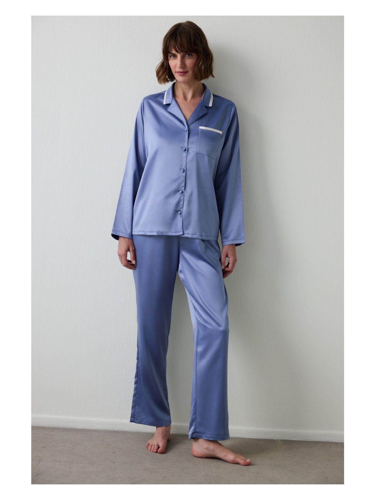Penti İndigo Hailee Saten Gömlek Yaka Uzun Kol Pijama Takımı