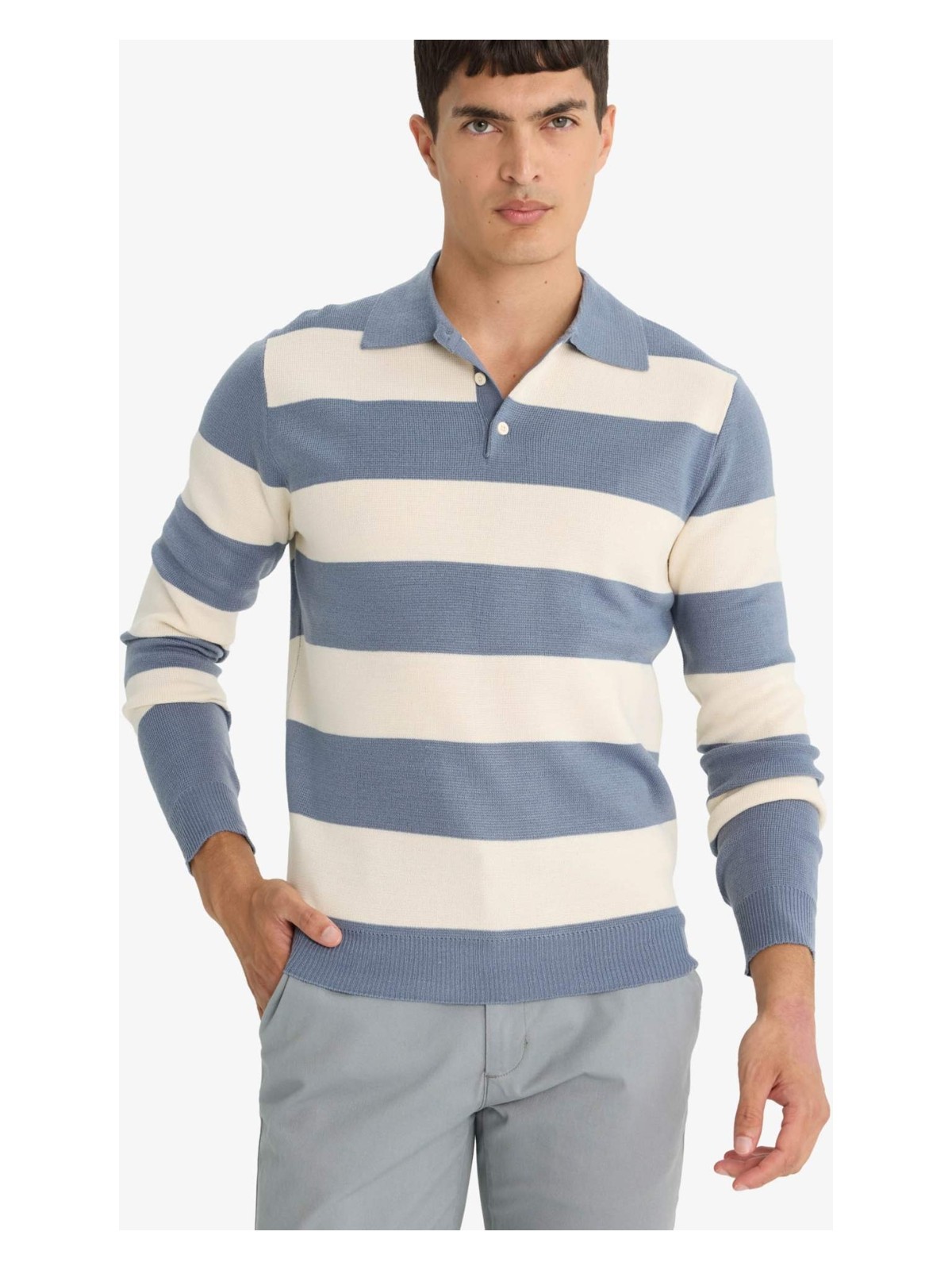 DeFacto Standart Fit Polo Yaka Düğmeli Renk Bloklu Triko Kazak Y4194AZ25WN - Görsel 3