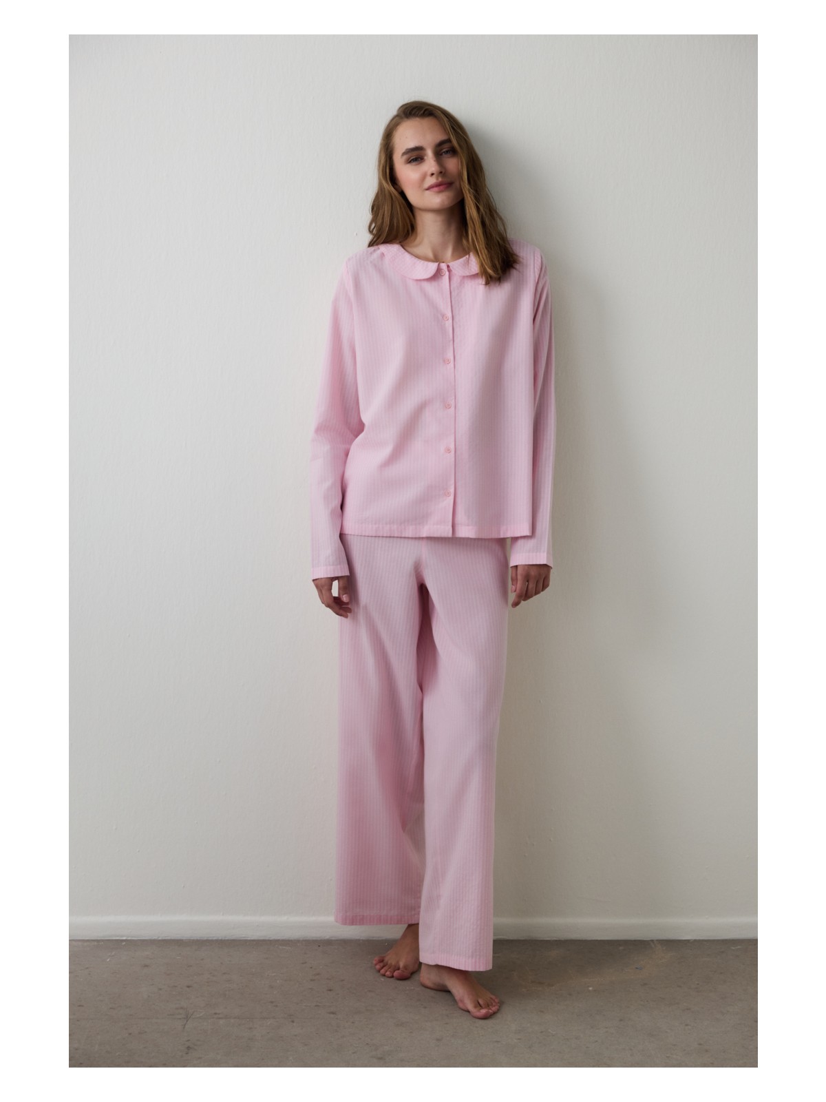 Penti Açık Pembe Çizgili Bağlama Detaylı Pamuklu Gömlek Yaka Pijama Takımı