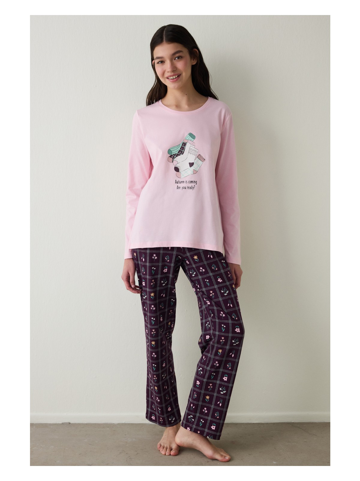 Penti Autumn Çiçekli Bisiklet Yaka Pamuklu Uzun Kol Pijama Takımı