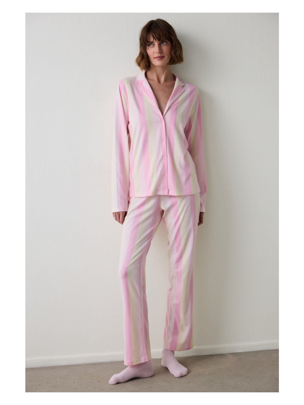Penti Açık Pembe Çizgili Gömlek Yaka Pamuklu Pijama Takımı