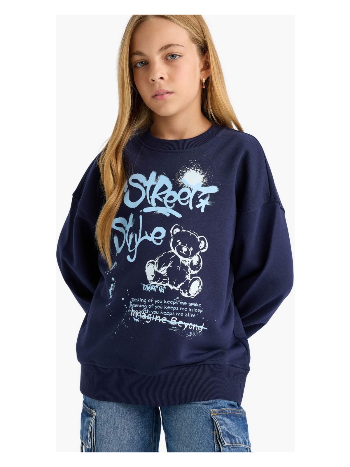 DeFacto Oversize Geniş Kalıp Bisiklet Yaka Baskılı Sweatshirt Kız Çocuk E6755A825AU - Görsel 4