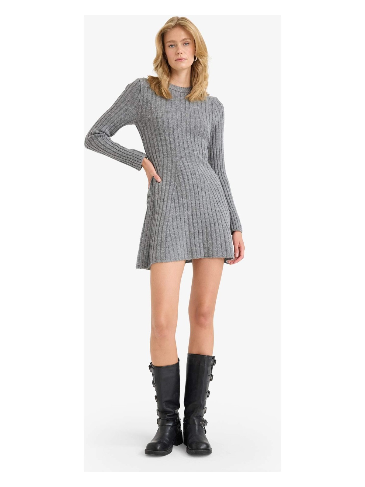 DeFacto Bisiklet Yaka Ribana Uzun Kollu Mini Elbise F3893AX25WN - Görsel 4