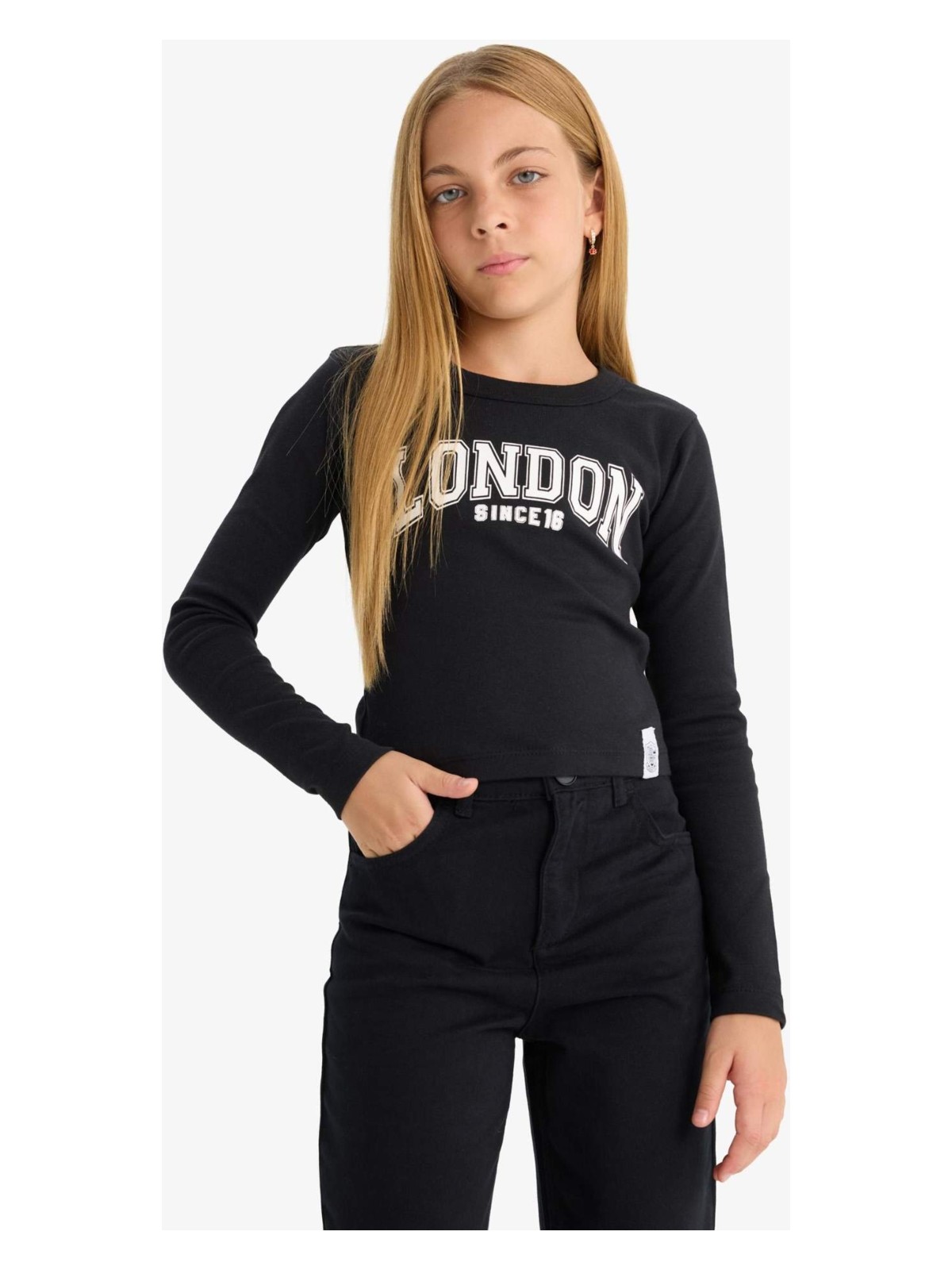 DeFacto Slim Fit Dar Kesim Bisiklet Yaka Baskılı Fitilli Kaşkorse Uzun Kollu Tişört Kız Çocuk C7465A825AU