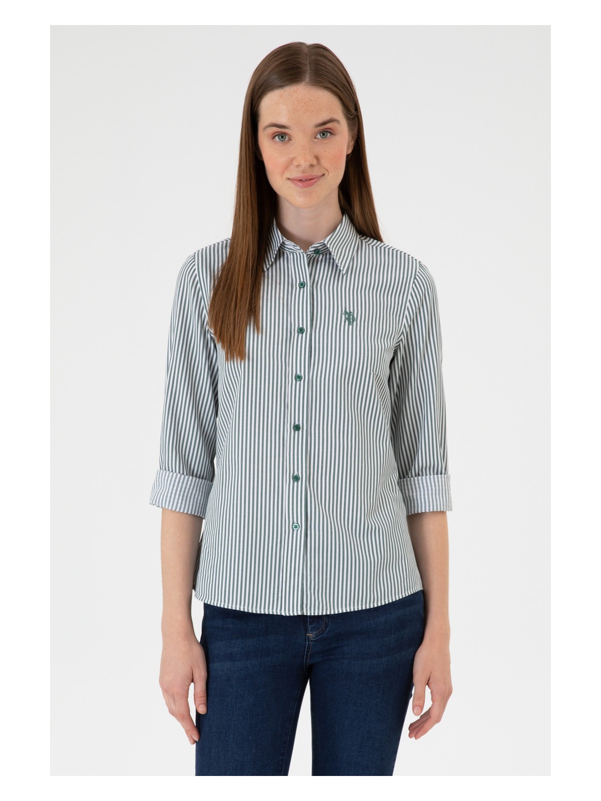 U.S. Polo Assn. Kadın Koyu Yeşil Çizgili Uzun Kollu Gömlek 50316492-VR079