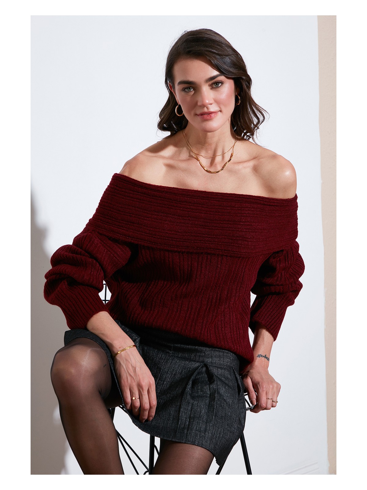 Lela Oversize Fit Madonna Yaka Triko Kazak Bayan Kazak 4615216 - Görsel 5