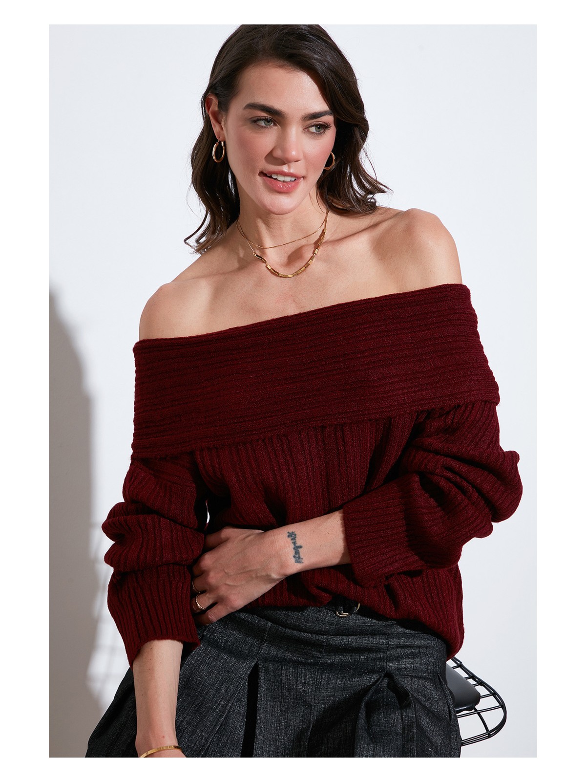 Lela Oversize Fit Madonna Yaka Triko Kazak Bayan Kazak 4615216 - Görsel 6