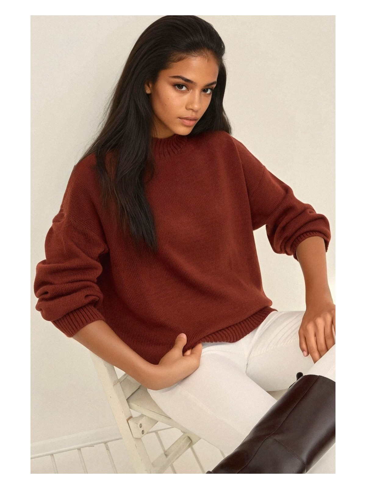 Hiccup Kadın Bisiklet Yaka Relax Fit Yumuşak Triko Kazak Tuğla Kırmızısı