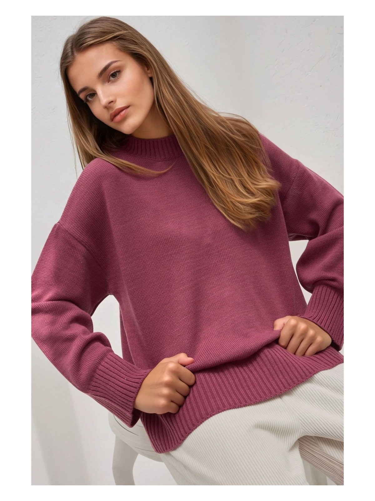 Hiccup Kadın Bisiklet Yaka Relax Fit Yumuşak Triko Kazak Tozlu Gül Pembesi