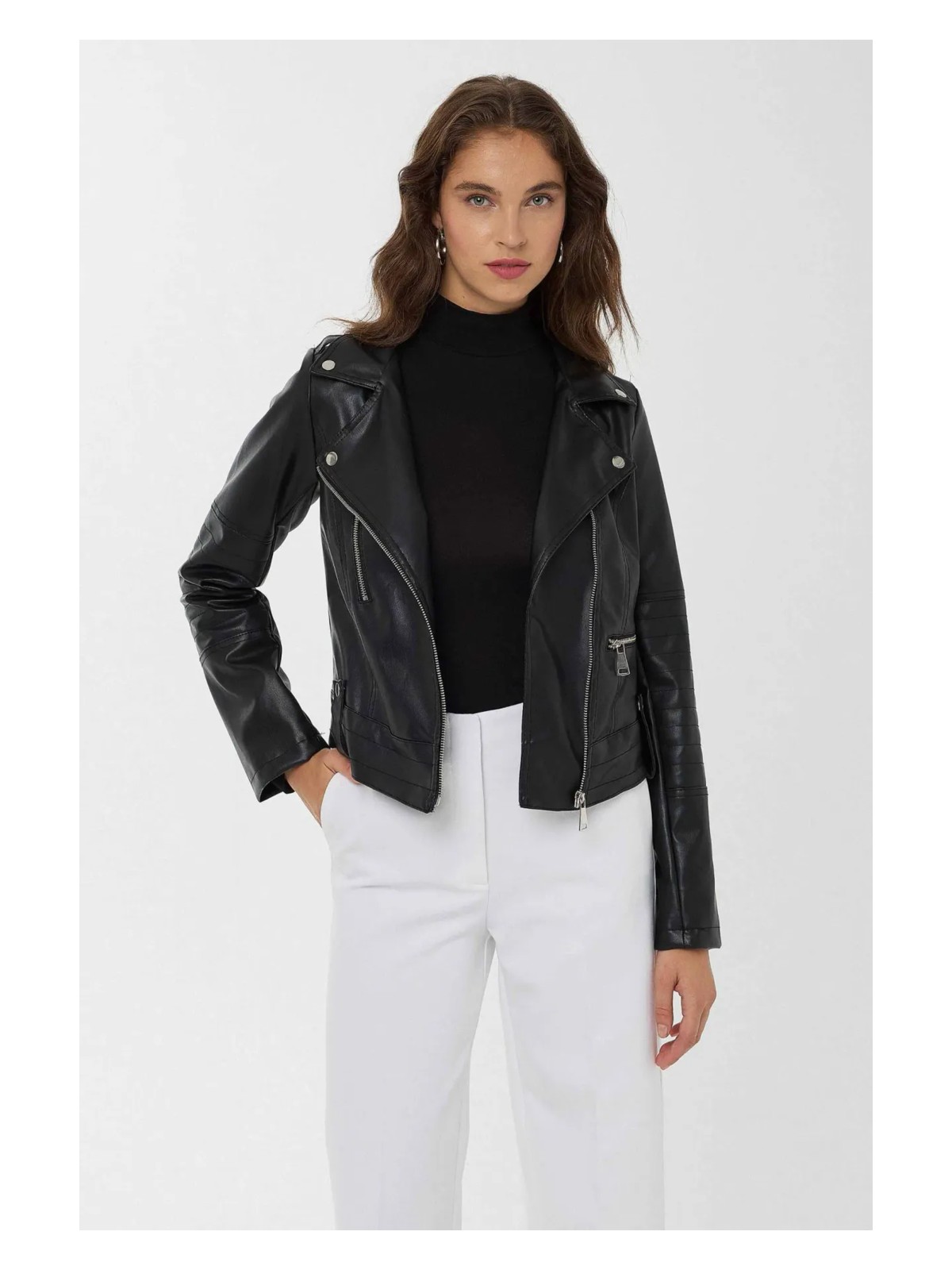 Hiccup Kadın Suni Deri Motosiklet Ceketi Siyah