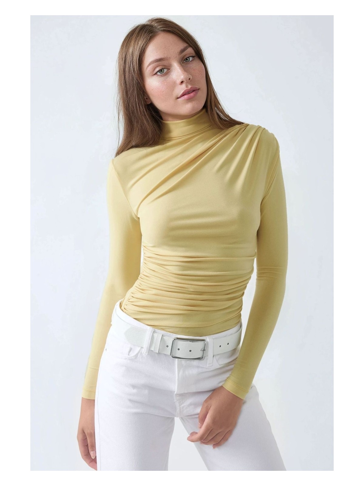 Hiccup Kadın Dik Yaka Büzgü Detaylı Sandy Bluz Limon Sarısı