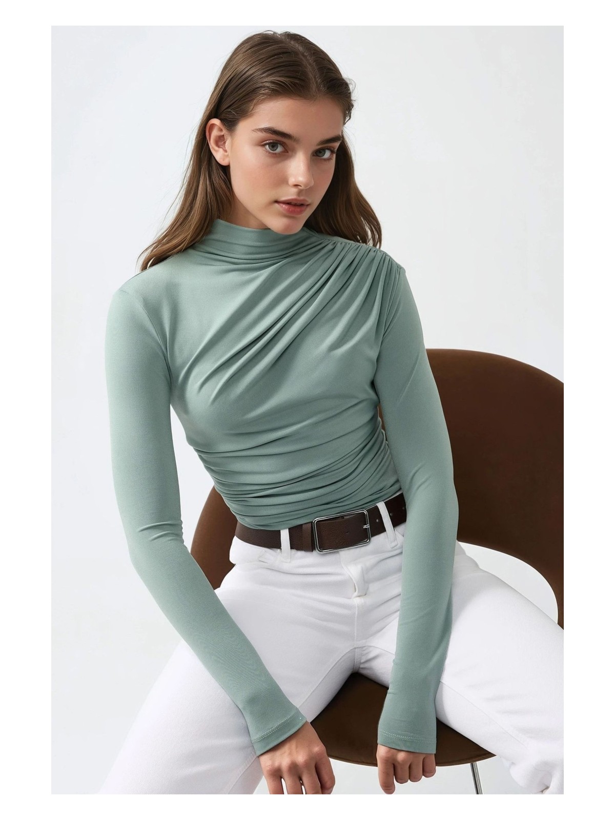 Hiccup Kadın Dik Yaka Büzgü Detaylı Sandy Bluz Gri - Görsel 3