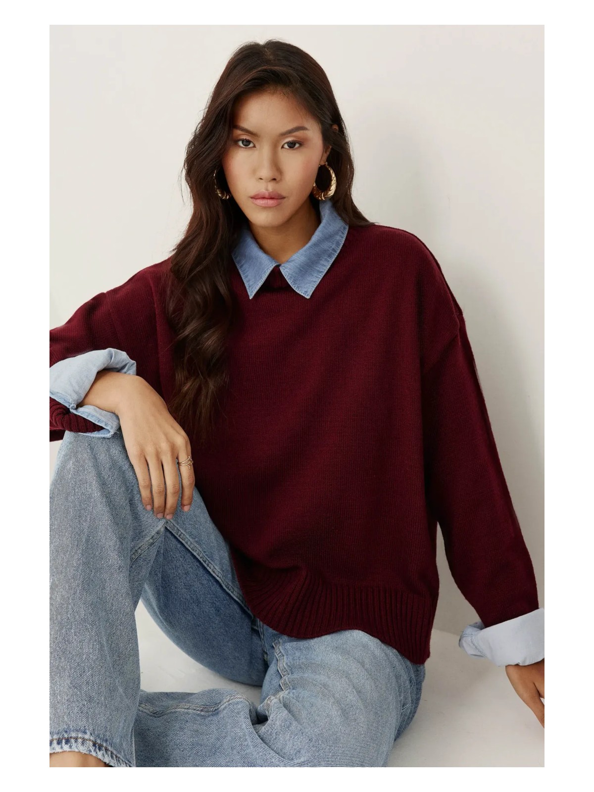 Hiccup Kadın Bisiklet Yaka Relax Fit Yumuşak Triko Kazak Bordo Kırmızı