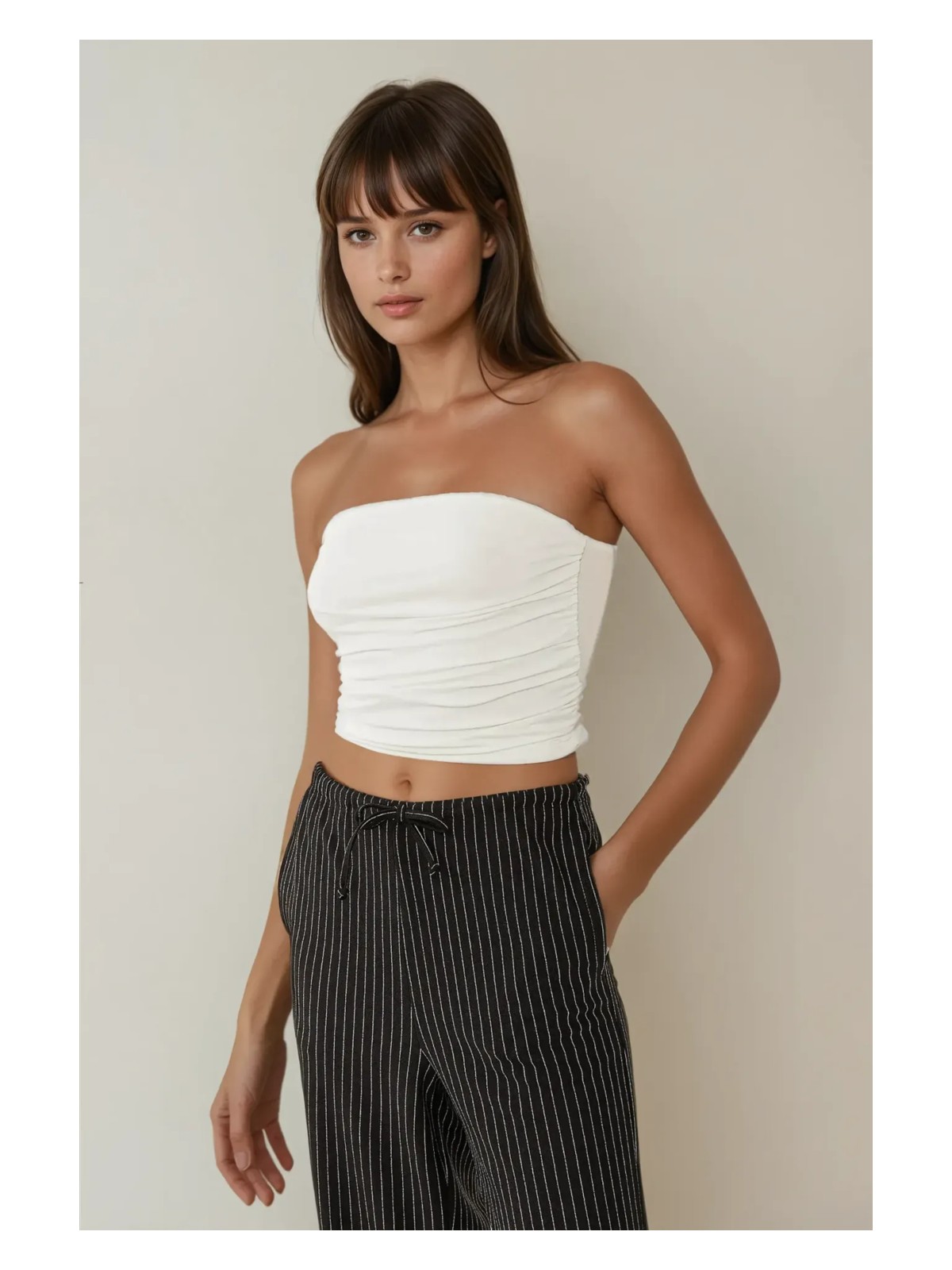 Hiccup Kadınlar Askısız Drapeli Crop Top Beyaz - Görsel 4