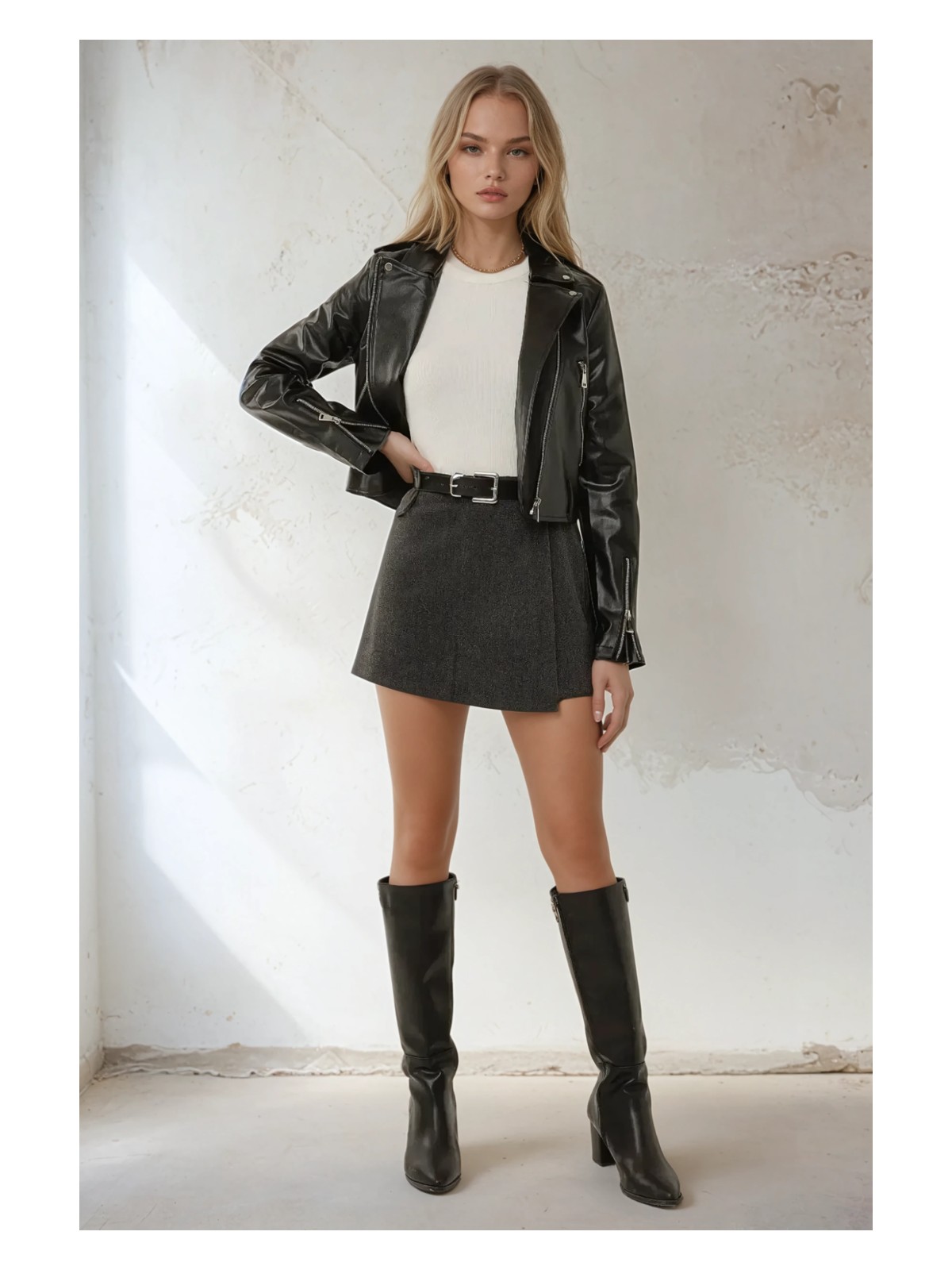 Hiccup Kadın Yüksek Bel Dokuma Mini Şort Etek Gri