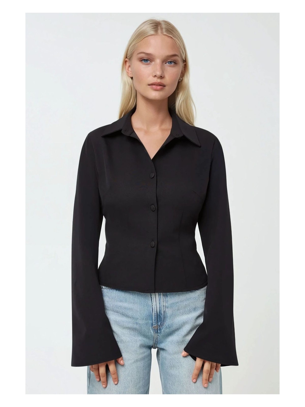 Hiccup Kadın Fitted Uzun Kollu Pamuklu Gömlek Siyah