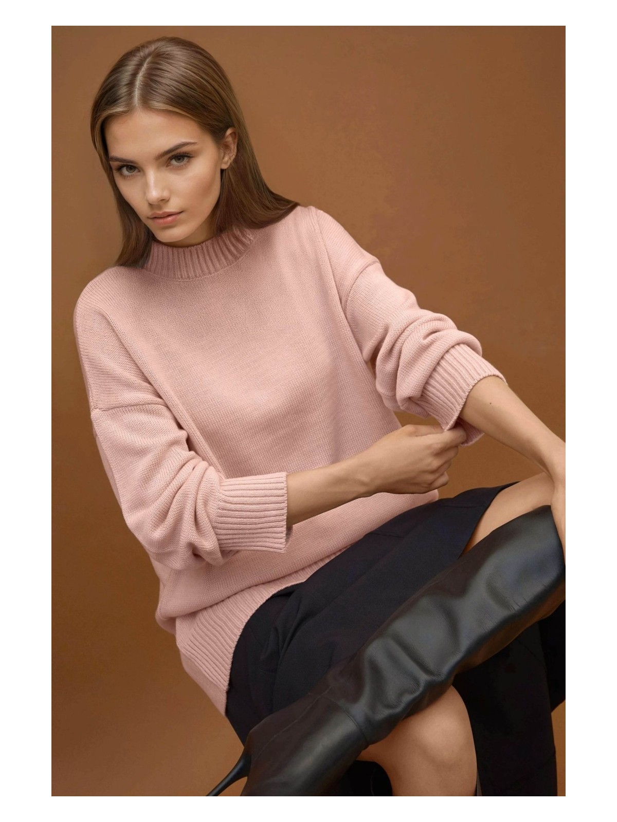 Hiccup Kadın Kalın Bisiklet Yaka Uzun Kalçayı Kapatan Kazak Toz Pembe