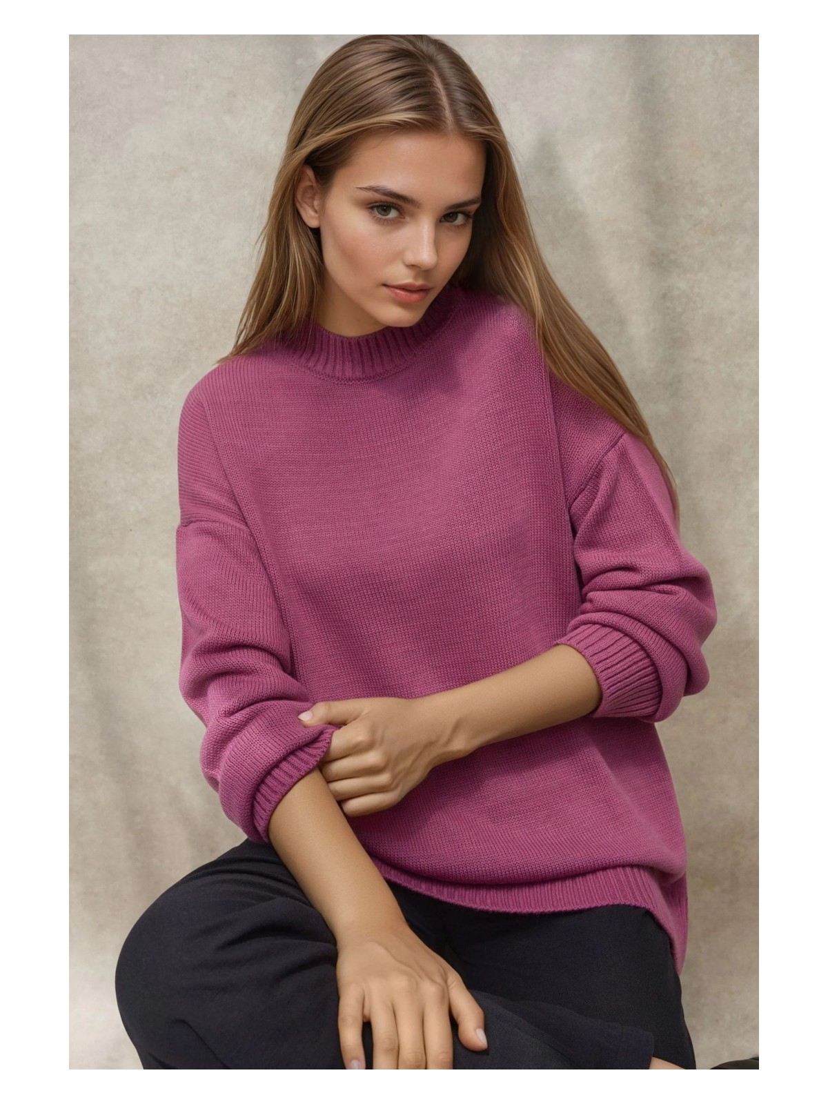 Hiccup Kadın Kalın Bisiklet Yaka Uzun Kalçayı Kapatan Kazak Tozlu Gül Pembesi