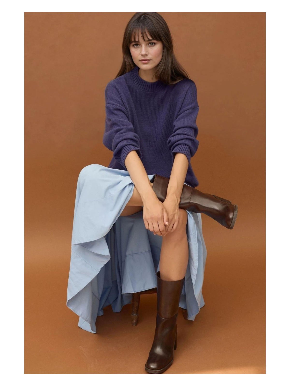 Hiccup Kadın Kalın Bisiklet Yaka Uzun Kalçayı Kapatan Kazak Peygamber Çiçeği Mavisi