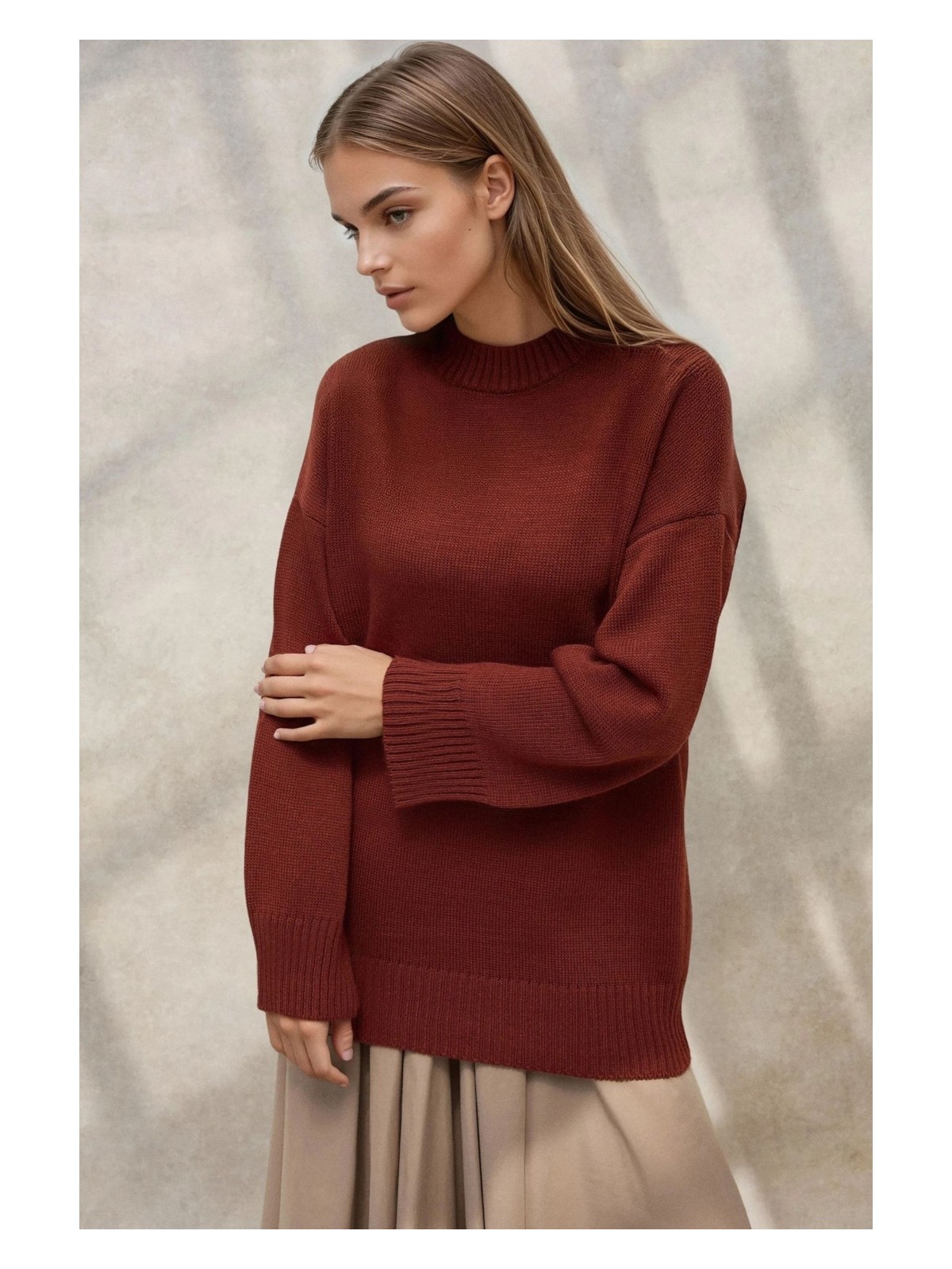 Hiccup Kadın Kalın Bisiklet Yaka Uzun Kalçayı Kapatan Kazak Kestane Kahvesi