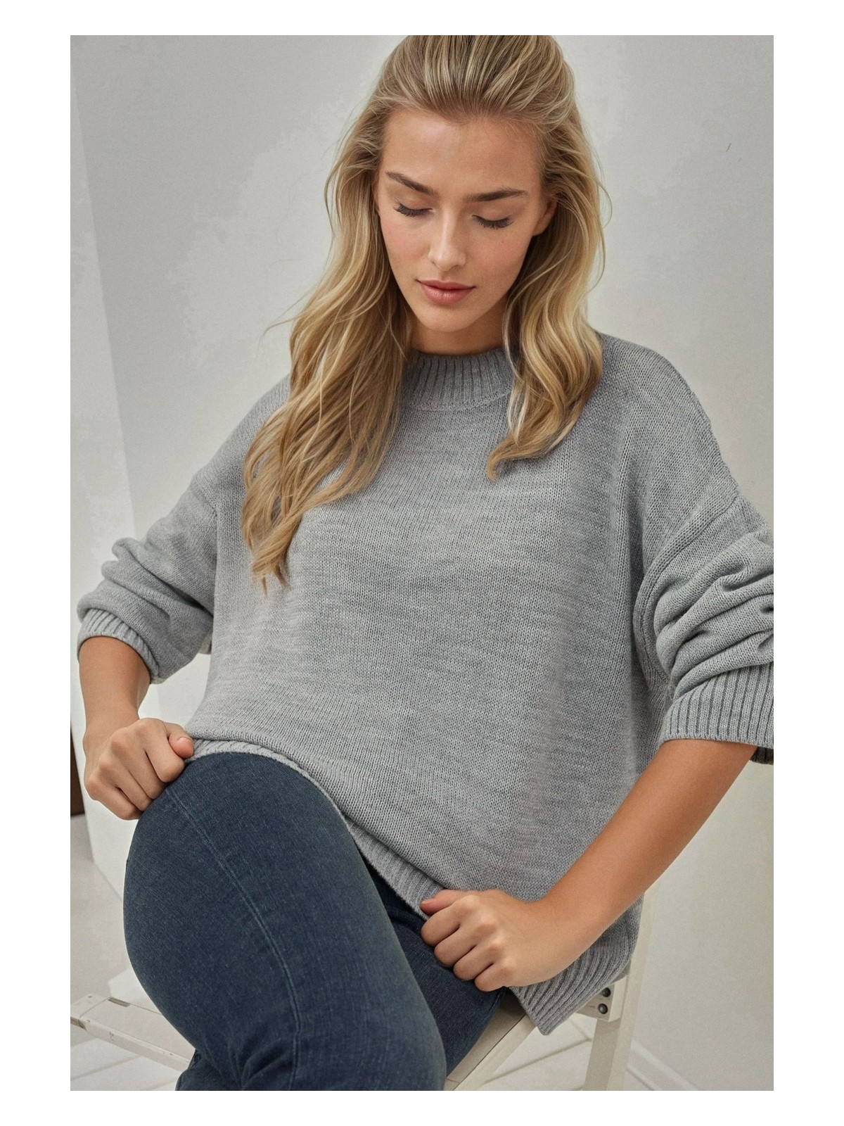 Hiccup Kadın Kalın Bisiklet Yaka Uzun Kalçayı Kapatan Kazak Gri