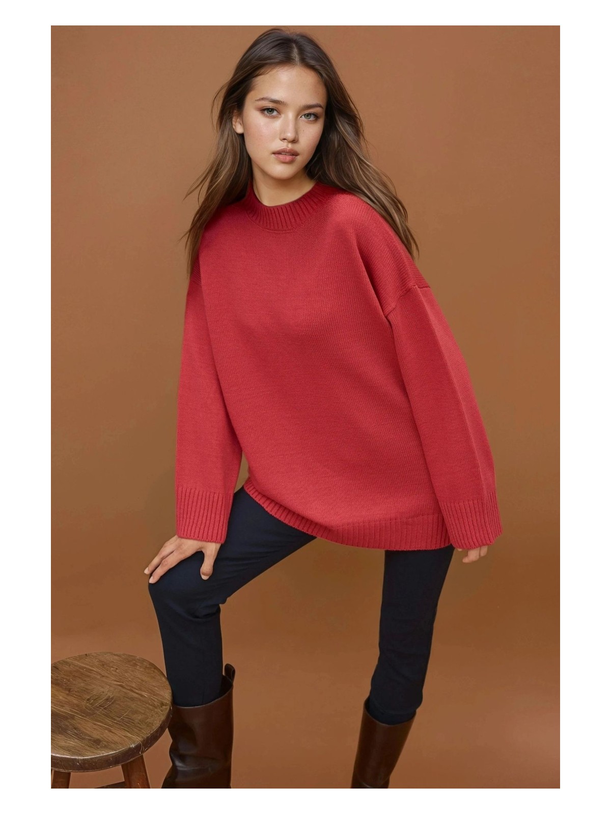 Hiccup Kadın Kalın Bisiklet Yaka Uzun Kalçayı Kapatan Kazak Macenta Pembesi