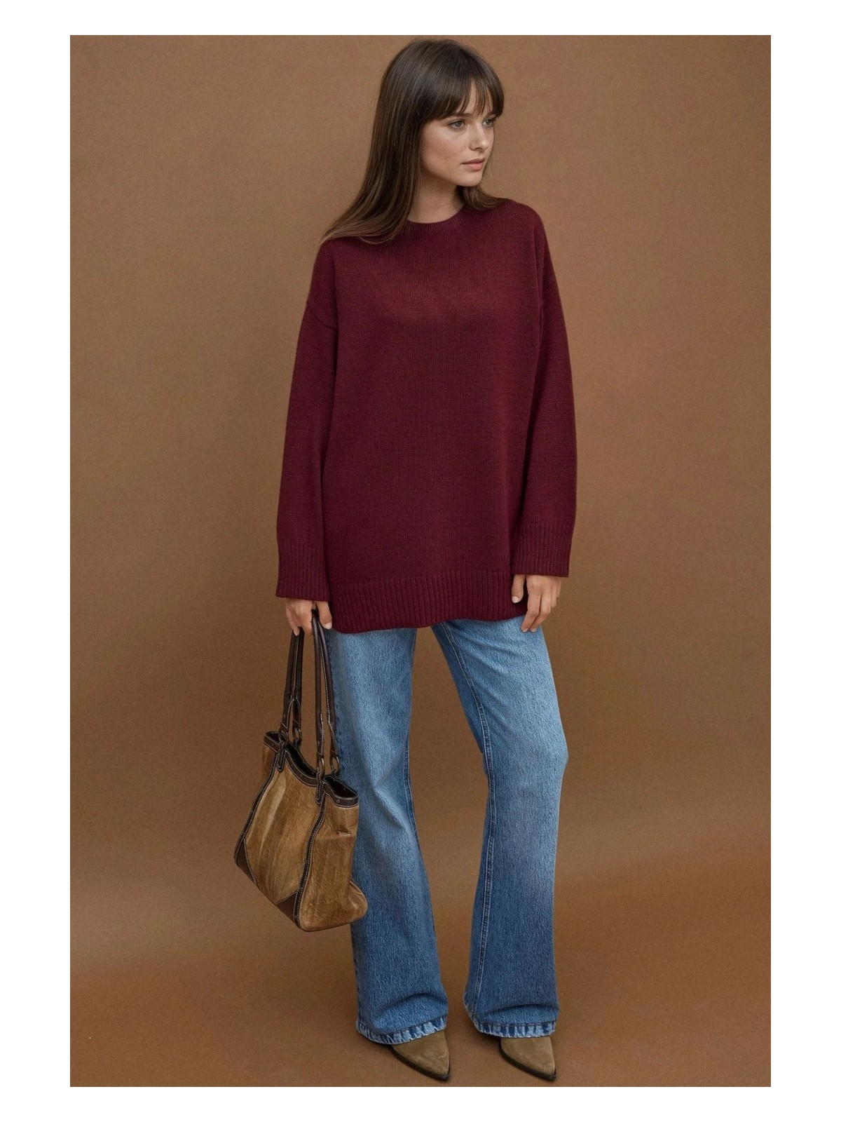 Hiccup Kadın Kalın Bisiklet Yaka Uzun Kalçayı Kapatan Kazak Bordo Kırmızı