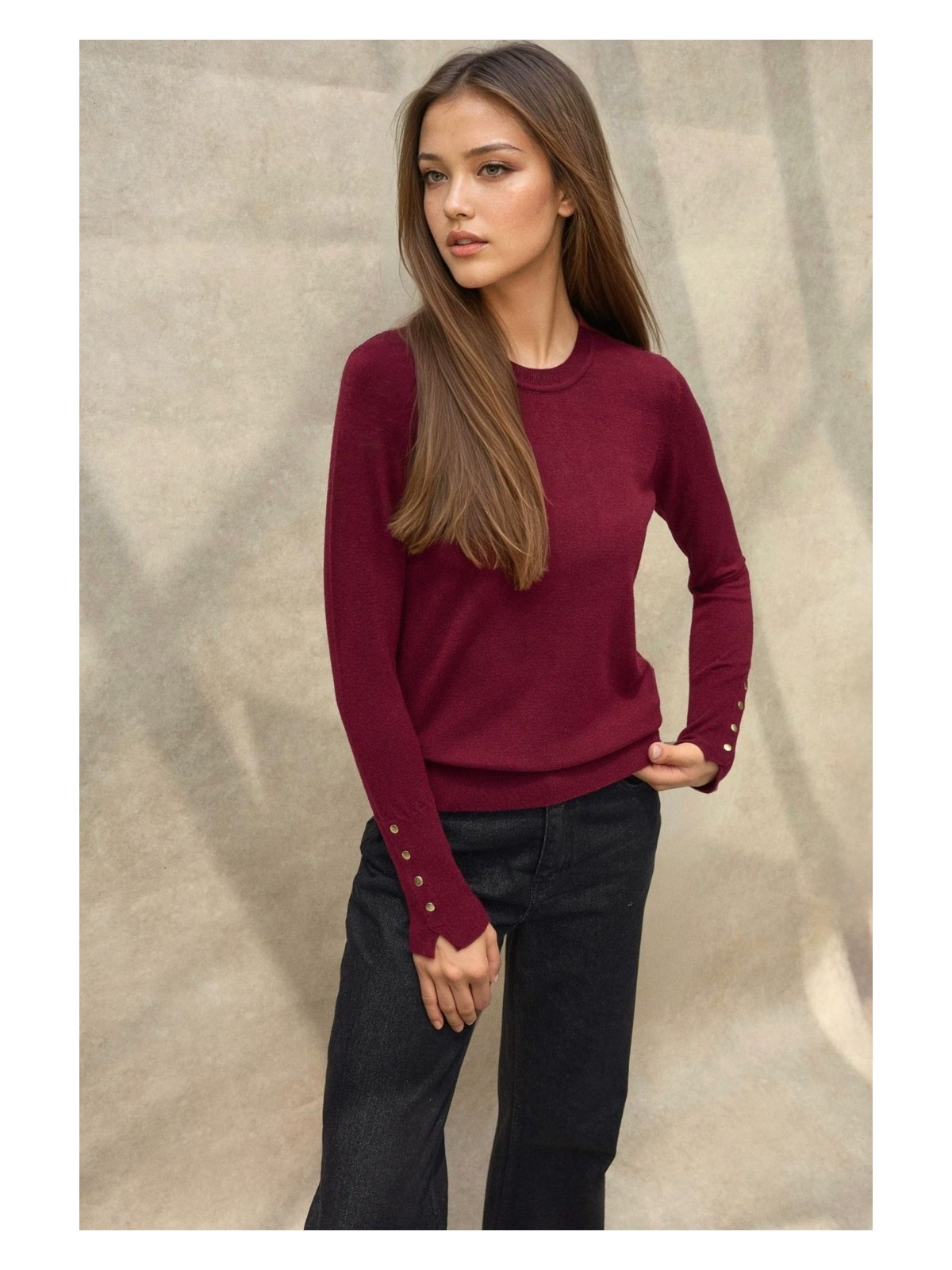 Hiccup Kadın Düğme Detaylı Yuvarlak Yaka Örme Kazak Bordo Kırmızı