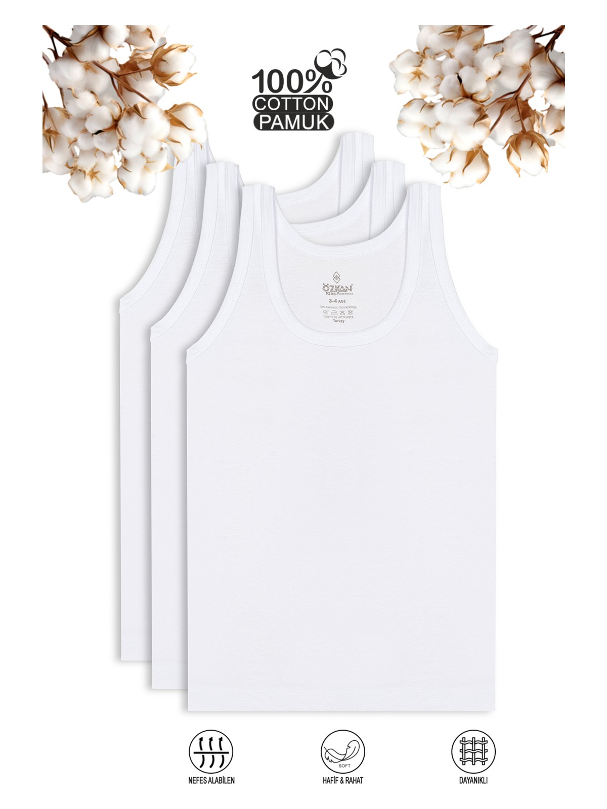 Özkan Underwear Özkan 0702 3'lü Paket Erkek Çocuk %100 Pamuklu Süprem Esnek Rahat Kalın Askılı Atlet