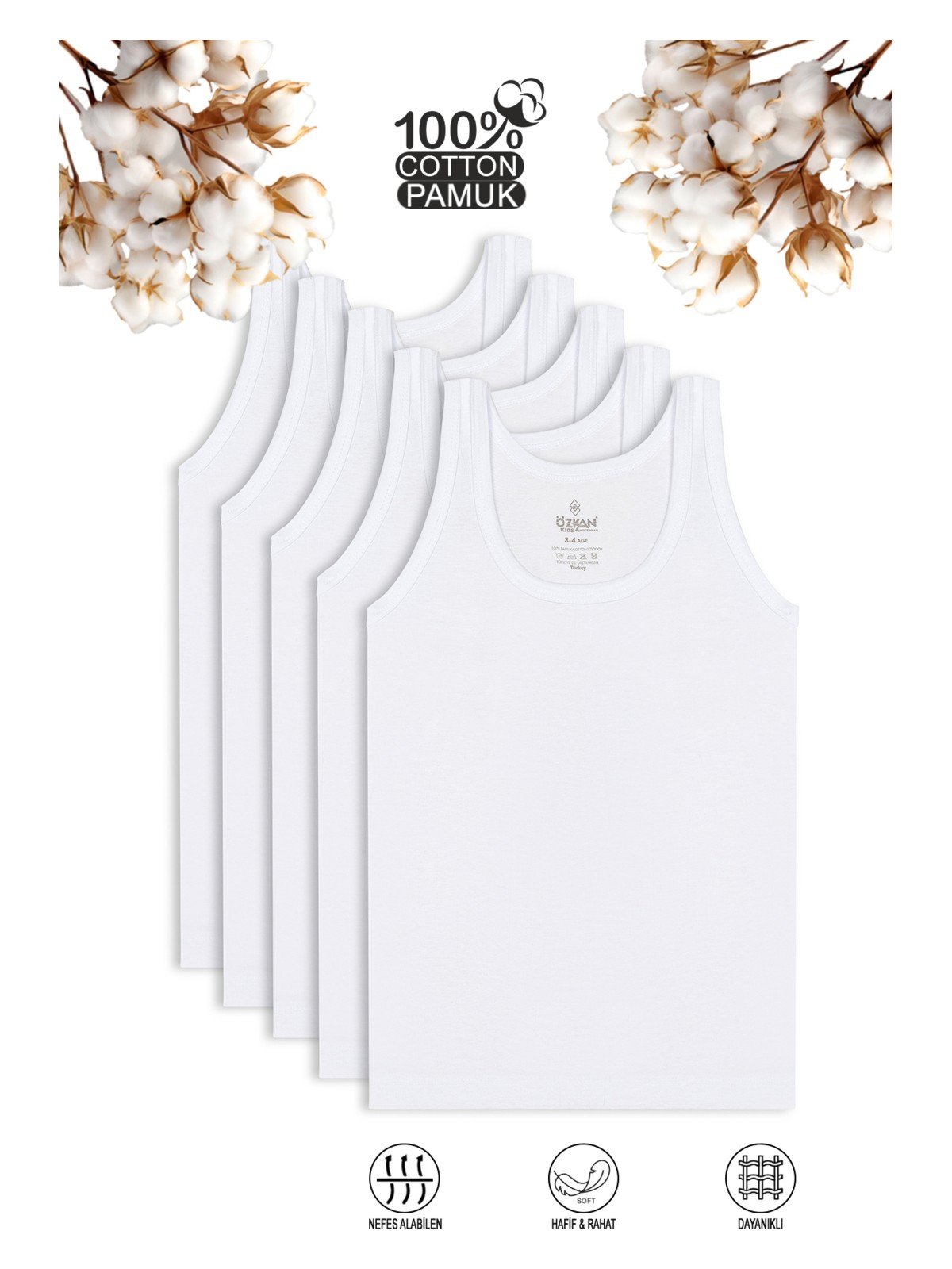 Özkan Underwear Özkan 0702 5'li Paket Erkek Çocuk %100 Pamuklu Süprem Esnek Rahat Kalın Askılı Atlet