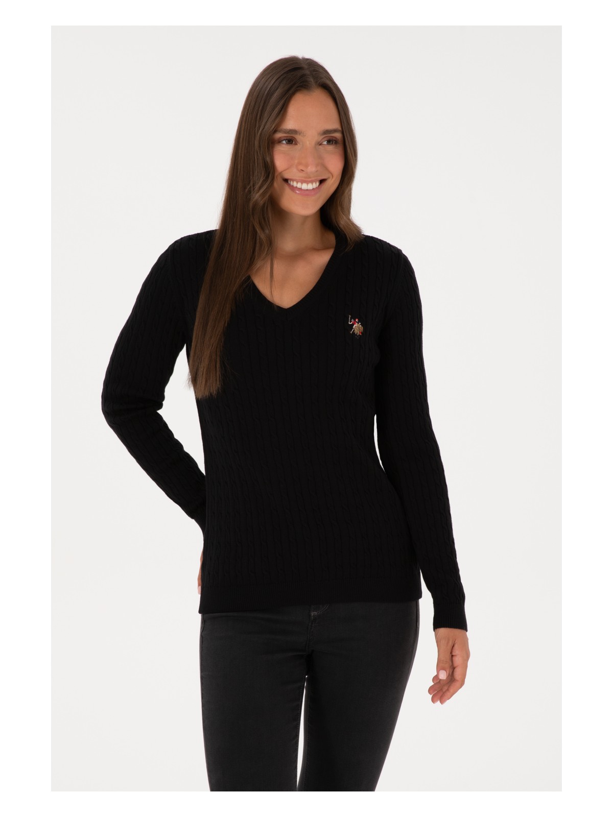 U.S. Polo Assn. Kadın Siyah V Yaka Basic Kazak 50307700-VR046