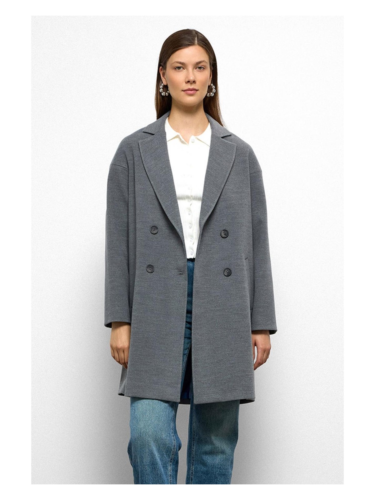 Olcay Desenli Astarlı Oversize Kruvaze kaban Gri 3095