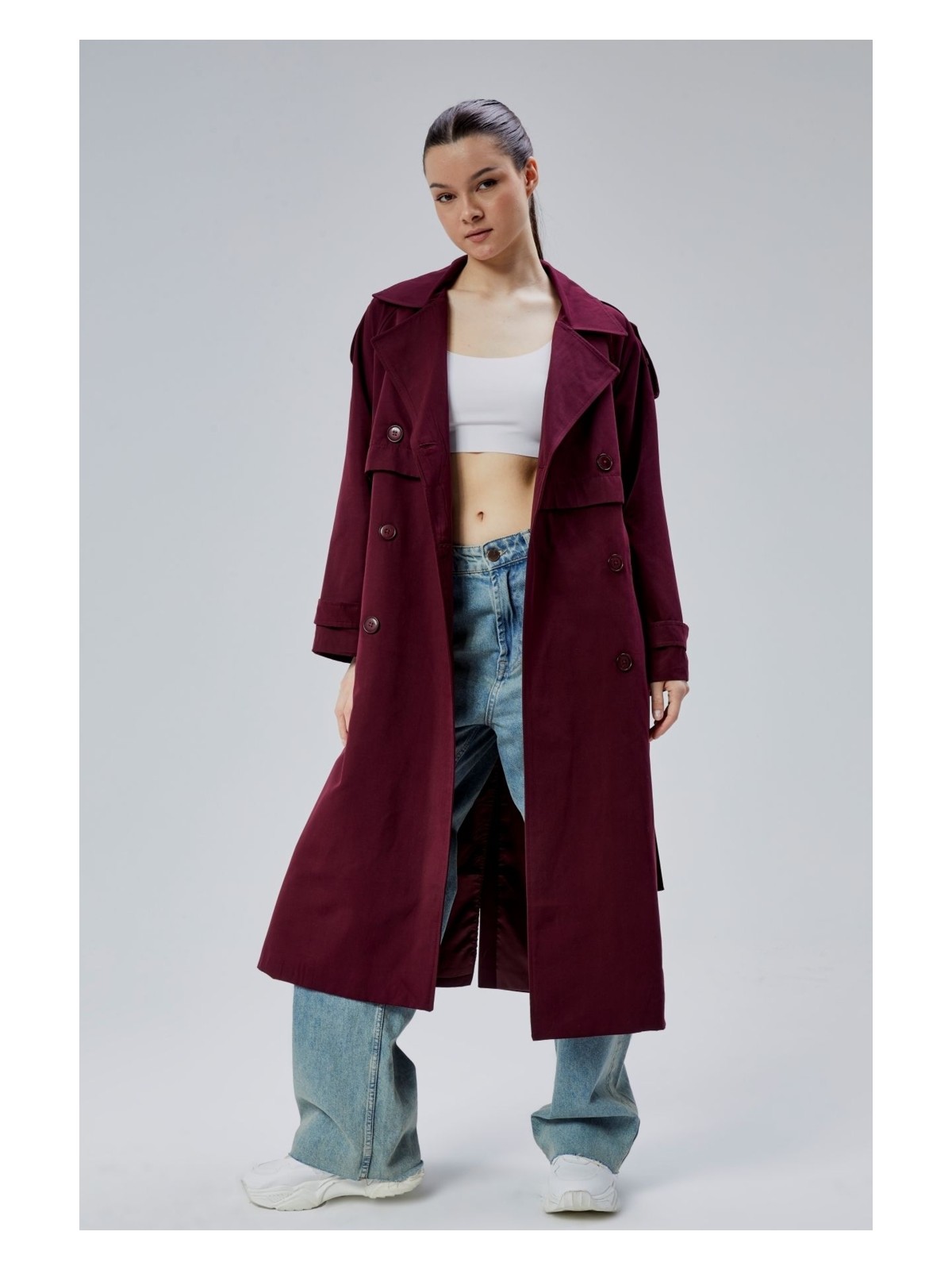 Bolivente Antrasit Oversize Kruvaze Kapama Rüzgarlık Detaylı Trençkot 44956 - Görsel 6