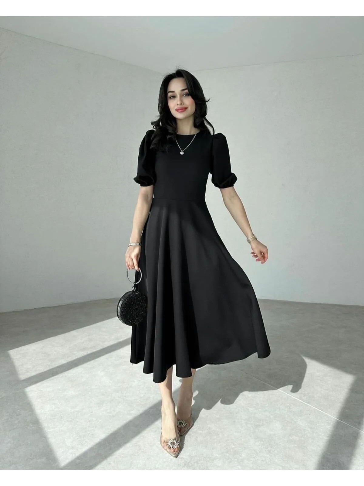 Lumuteks Siyah Karpuz Kollu Midi Boy Elbise