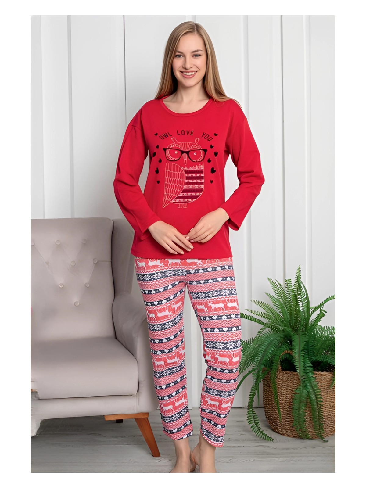 Farya Home Pamuklu Desenli 2 Iplik Şardonlu Kalın Uzun Kollu Pijama Takımı - Görsel 3