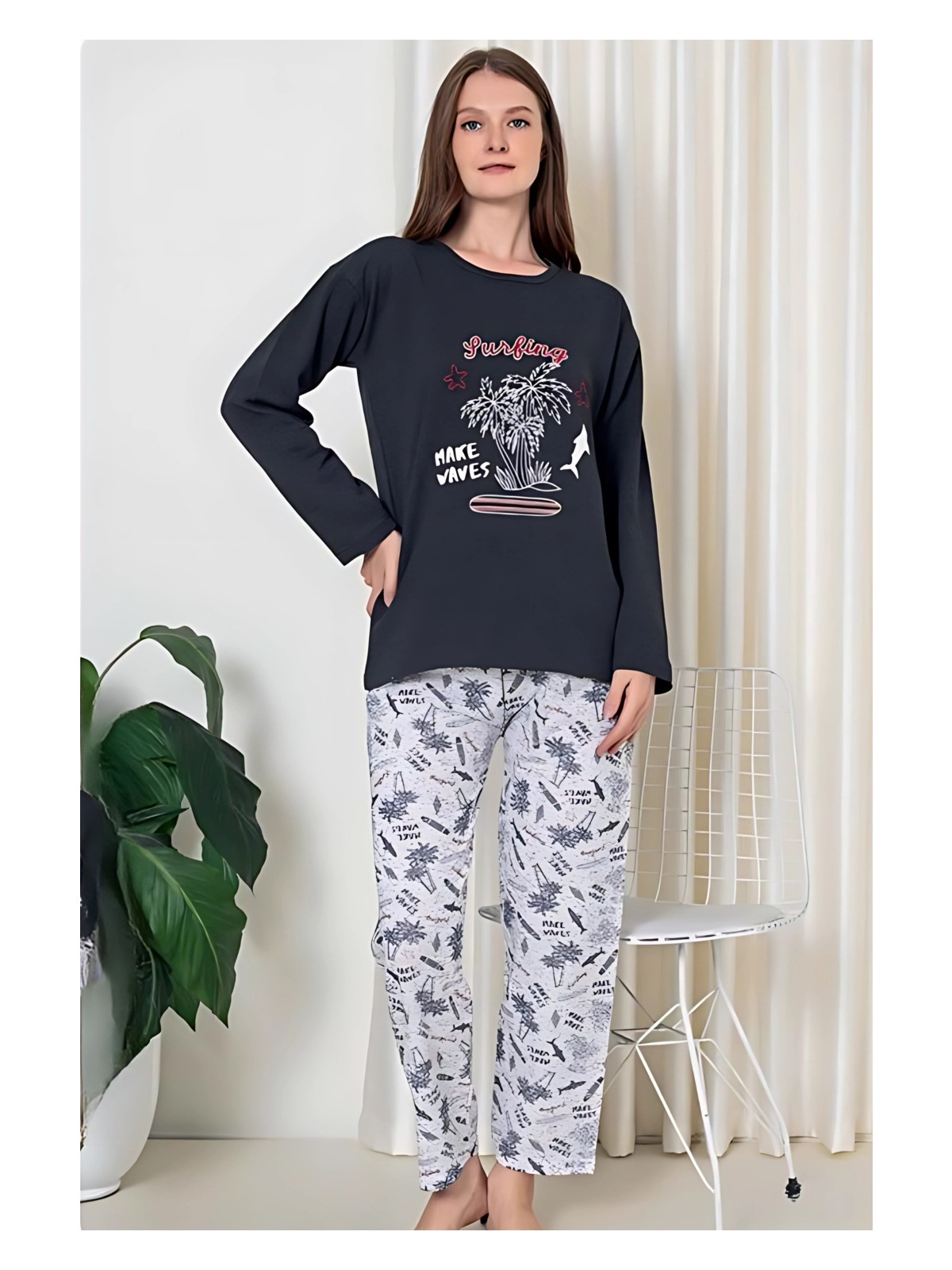 Farya Home Pamuklu Desenli 2 Iplik Şardonlu Kalın Uzun Kollu Pijama Takımı