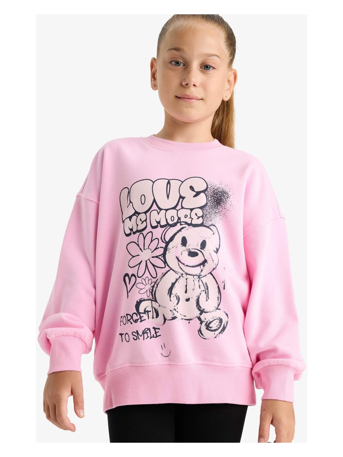 DeFacto Oversize Geniş Kalıp Bisiklet Yaka Baskılı Sweatshirt Kız Çocuk E6755A825AU