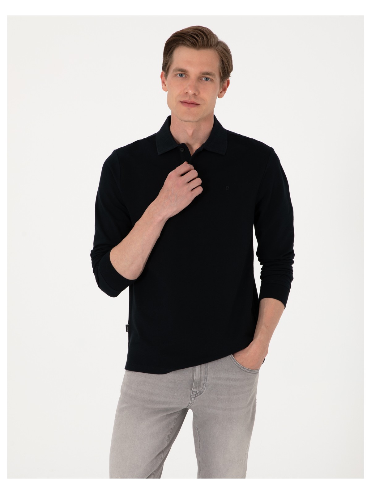 Pierre Cardin Erkek Siyah Slim Fit Kıvrılmaz Polo Yaka Basic Pike Sweatshirt 50314048-VR046