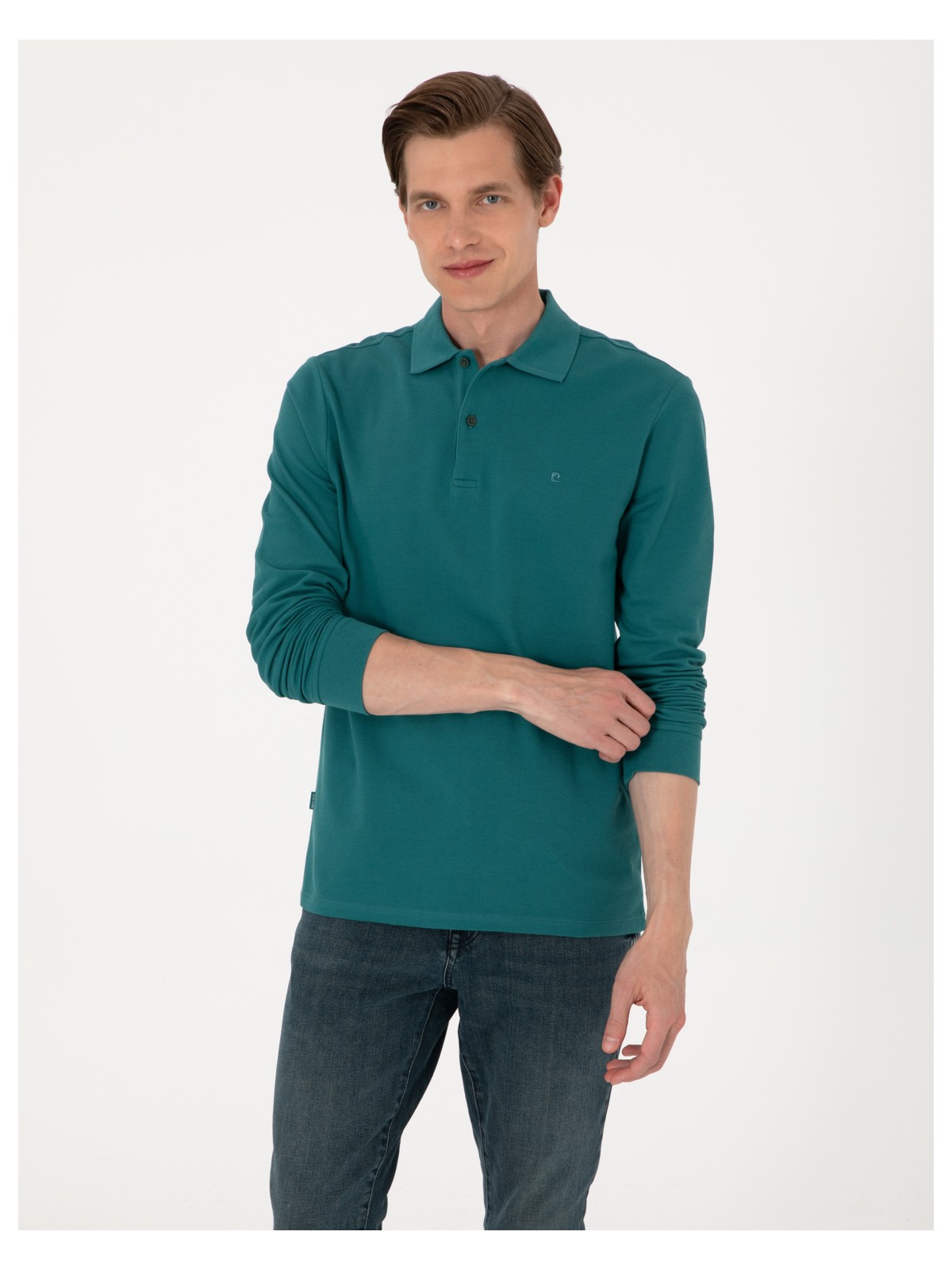 Pierre Cardin Erkek Koyu Yeşil Slim Fit Kıvrılmaz Polo Yaka Basic Pike Sweatshirt 50314048-VR079 - Görsel 3