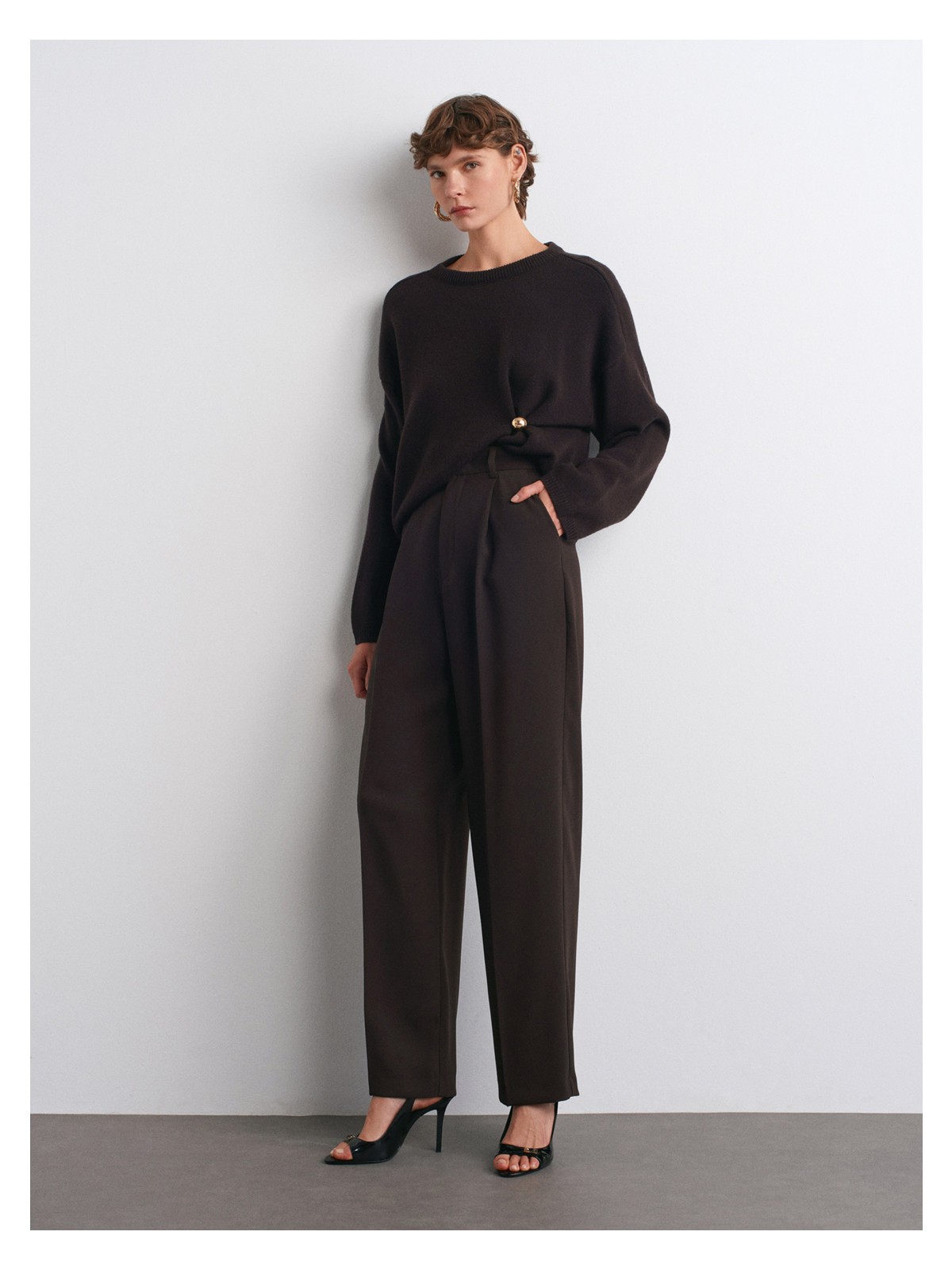 Dilvin 7954 Dökümlü Palazzo Pantolon-Koyu Kahve