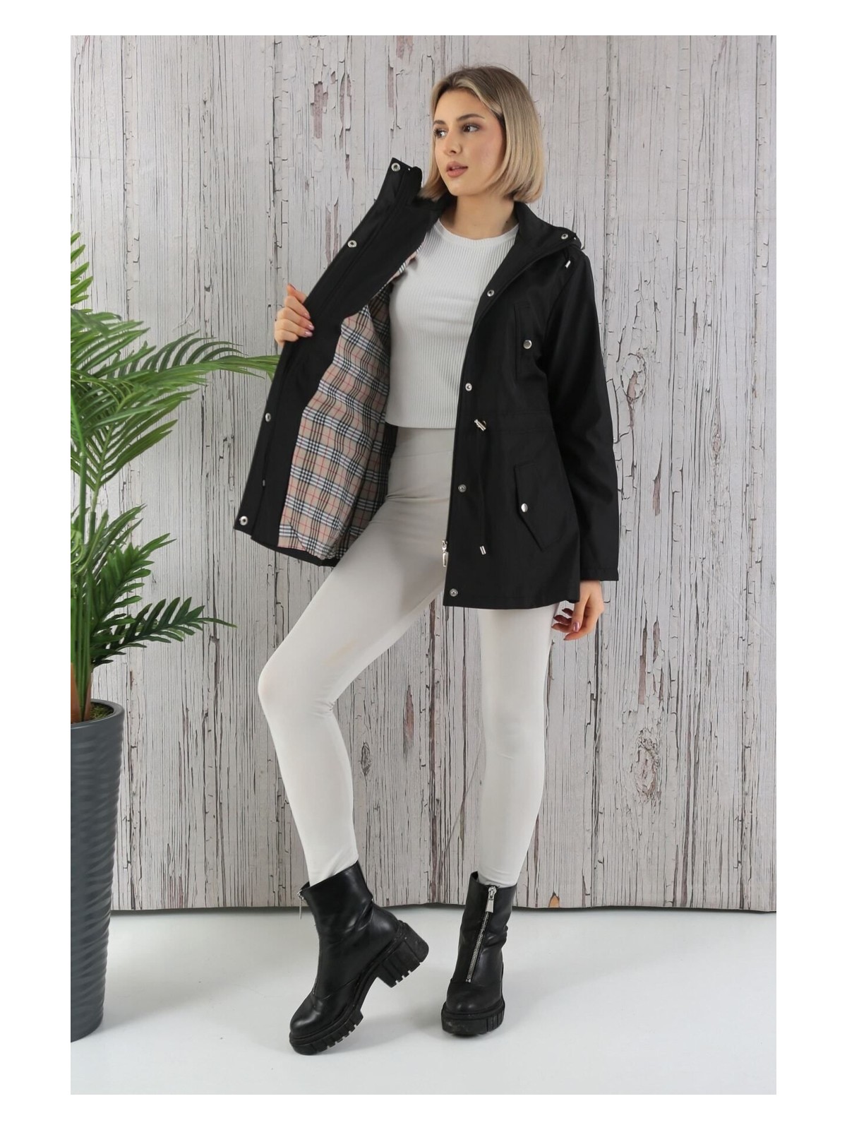 TUTveAL Collection Kadın Suya Dayanıklı Trençkot Kapüşonlu Ekoseli Vizon Trençkot Bonded Kumaş Trençkot - Görsel 4