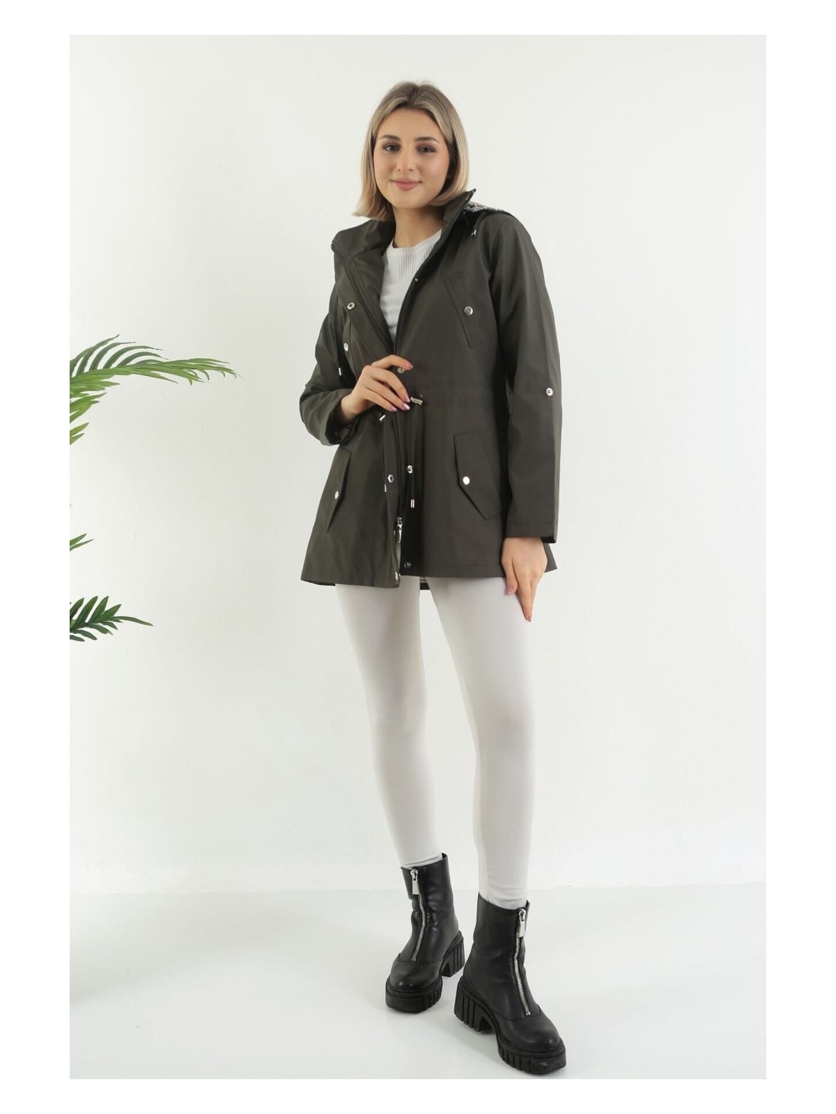 TUTveAL Collection Kadın Suya Dayanıklı Trençkot Kapüşonlu Ekoseli Vizon Trençkot Bonded Kumaş Trençkot - Görsel 5